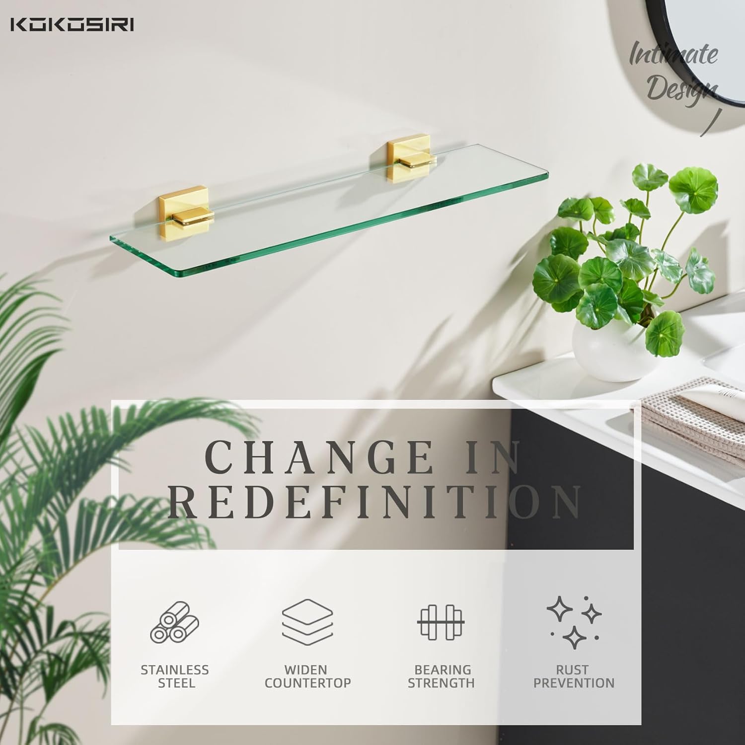 KOKOSIRI Floating Glass Shelf with Brushed Gold Design