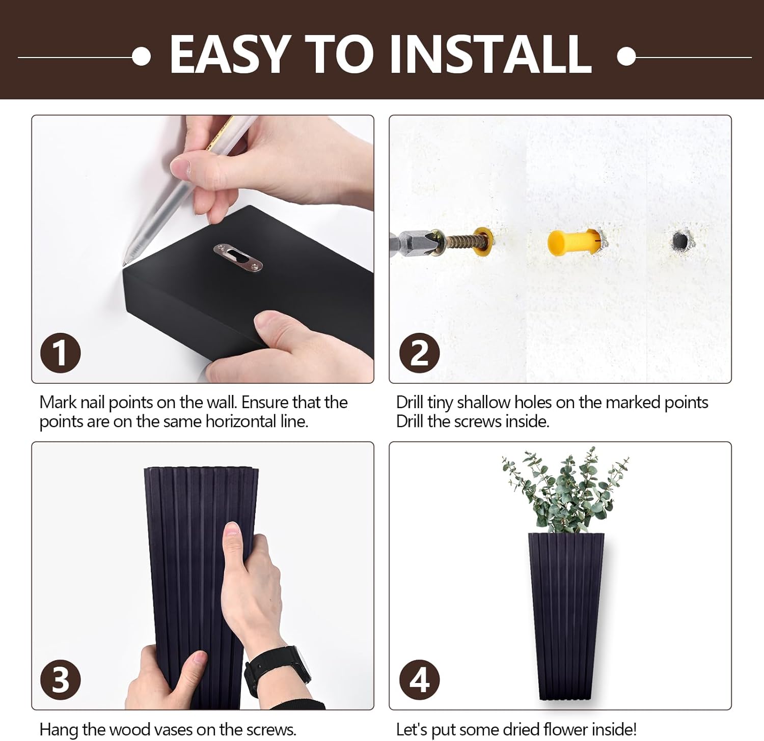 2PCS Black Wood Wall Planter for Indoor Plants and Dried Flowers