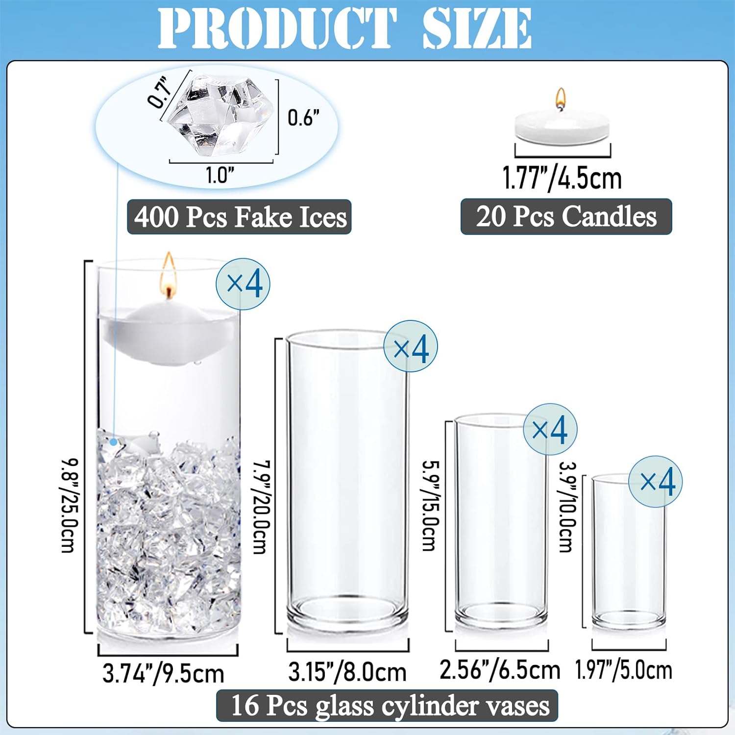 20 White Floating Candles 16 Glass Vases 400 Acrylic Ice Fillers Centerpiece Set