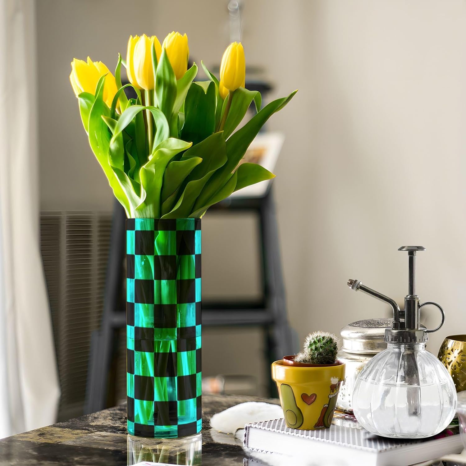 Buffalo Plaid Check Black Cyan Flower Vase 118 x 39 Inch