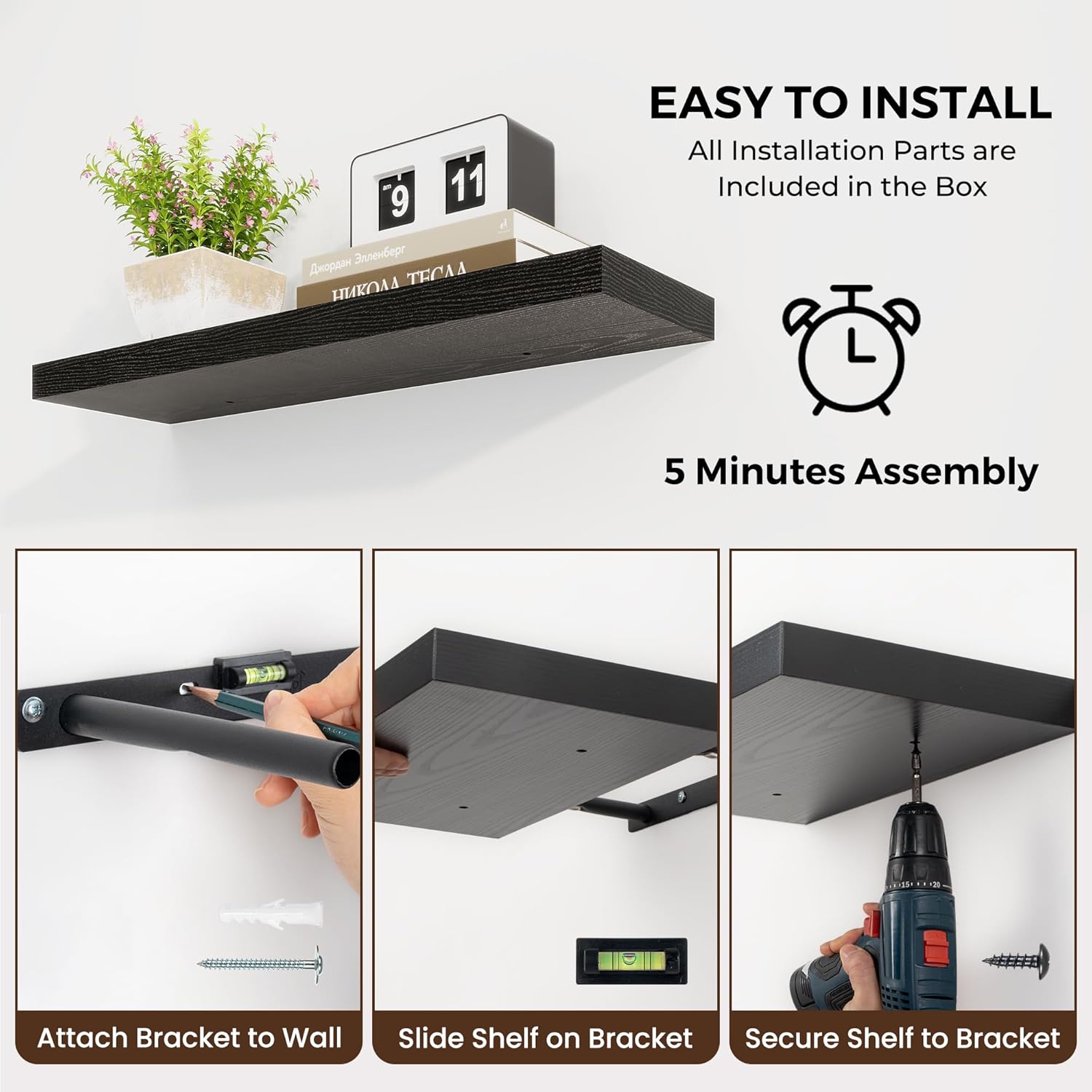 36 Inch Floating Shelves Set of 2 with Invisible Brackets Black