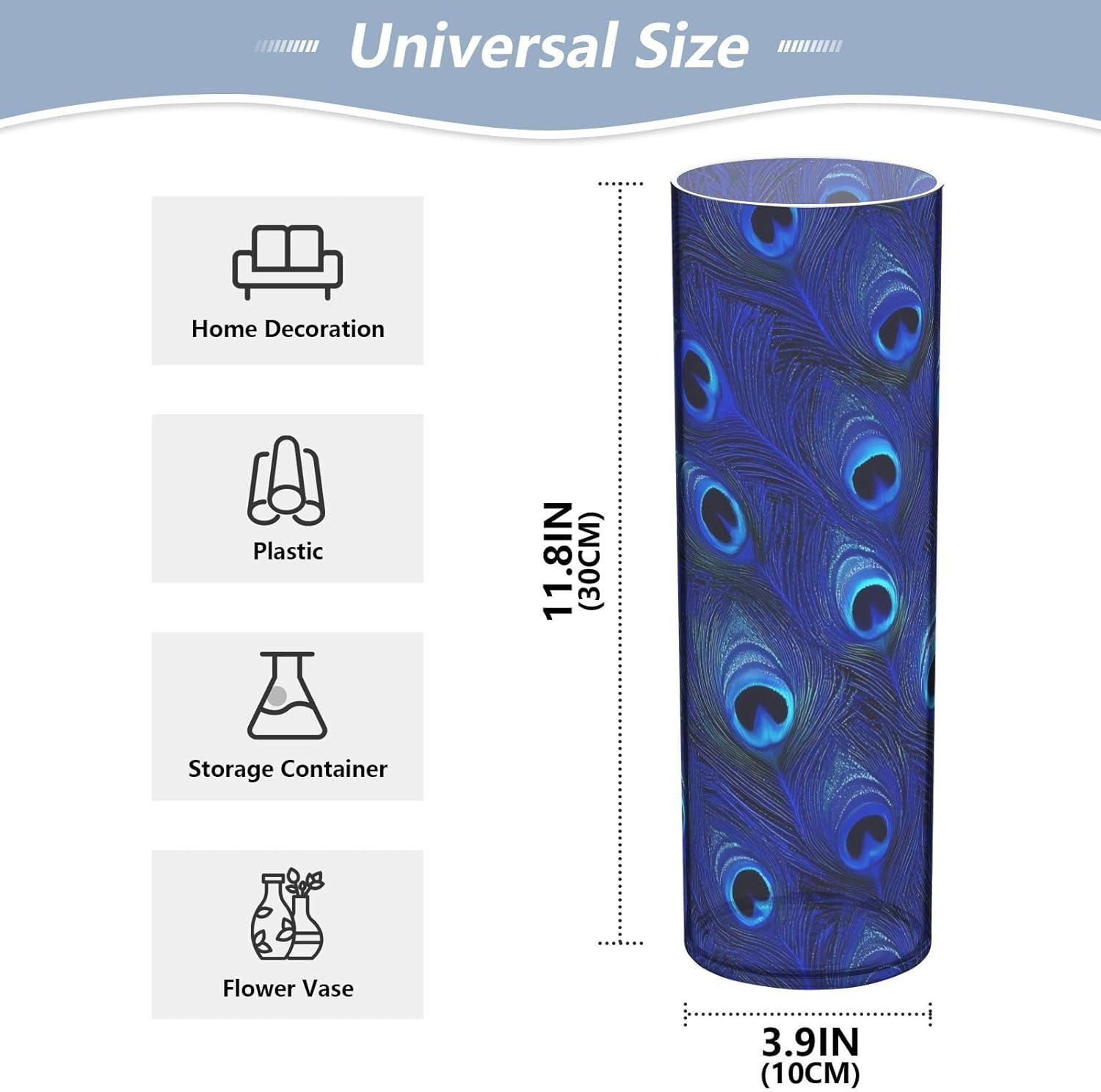 Blue Peacock Feathers Plastic Cylinder Vase Decor