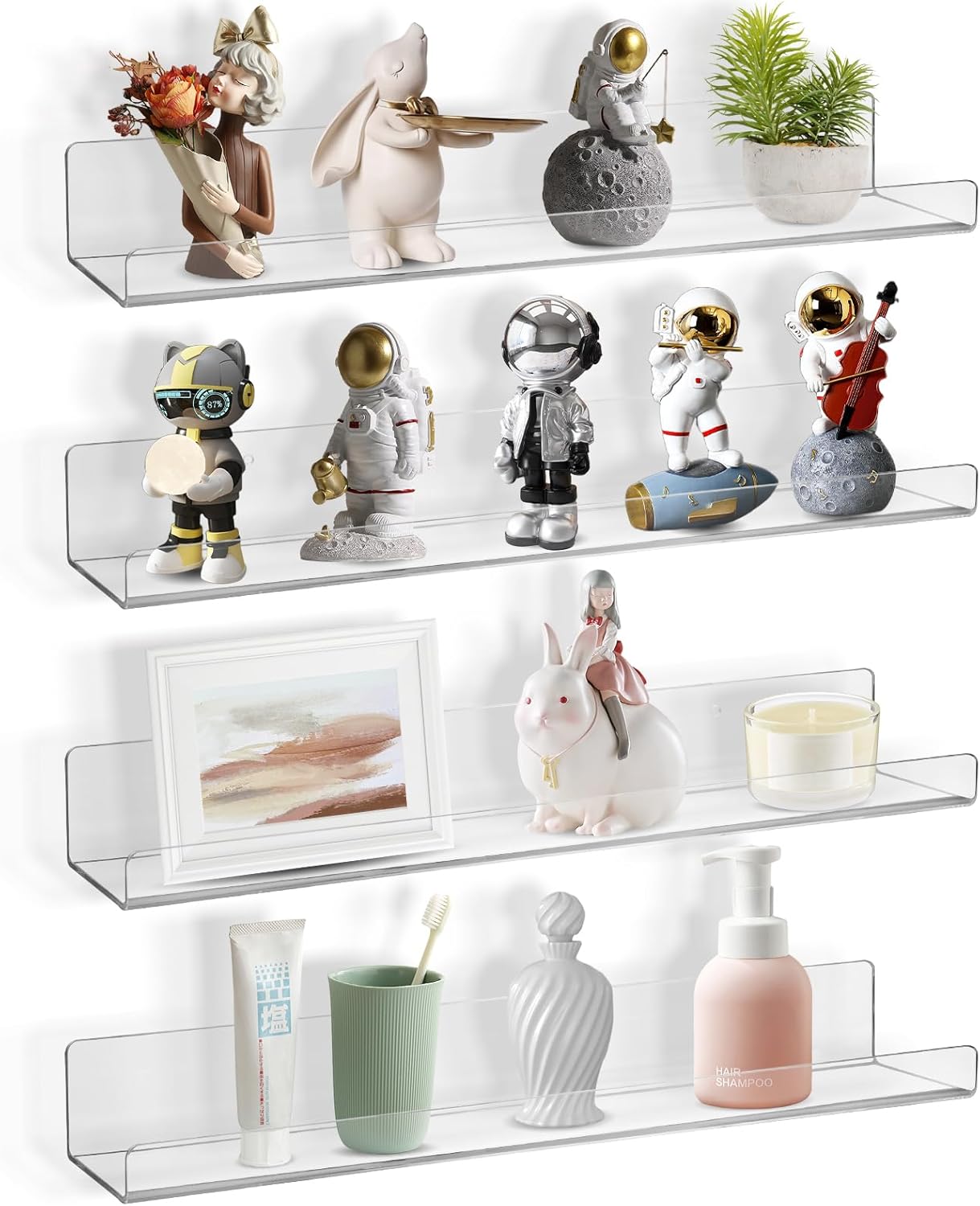Boxalls Acrylic Floating Shelves - 4 Pack 15 Inch Wall Organizer