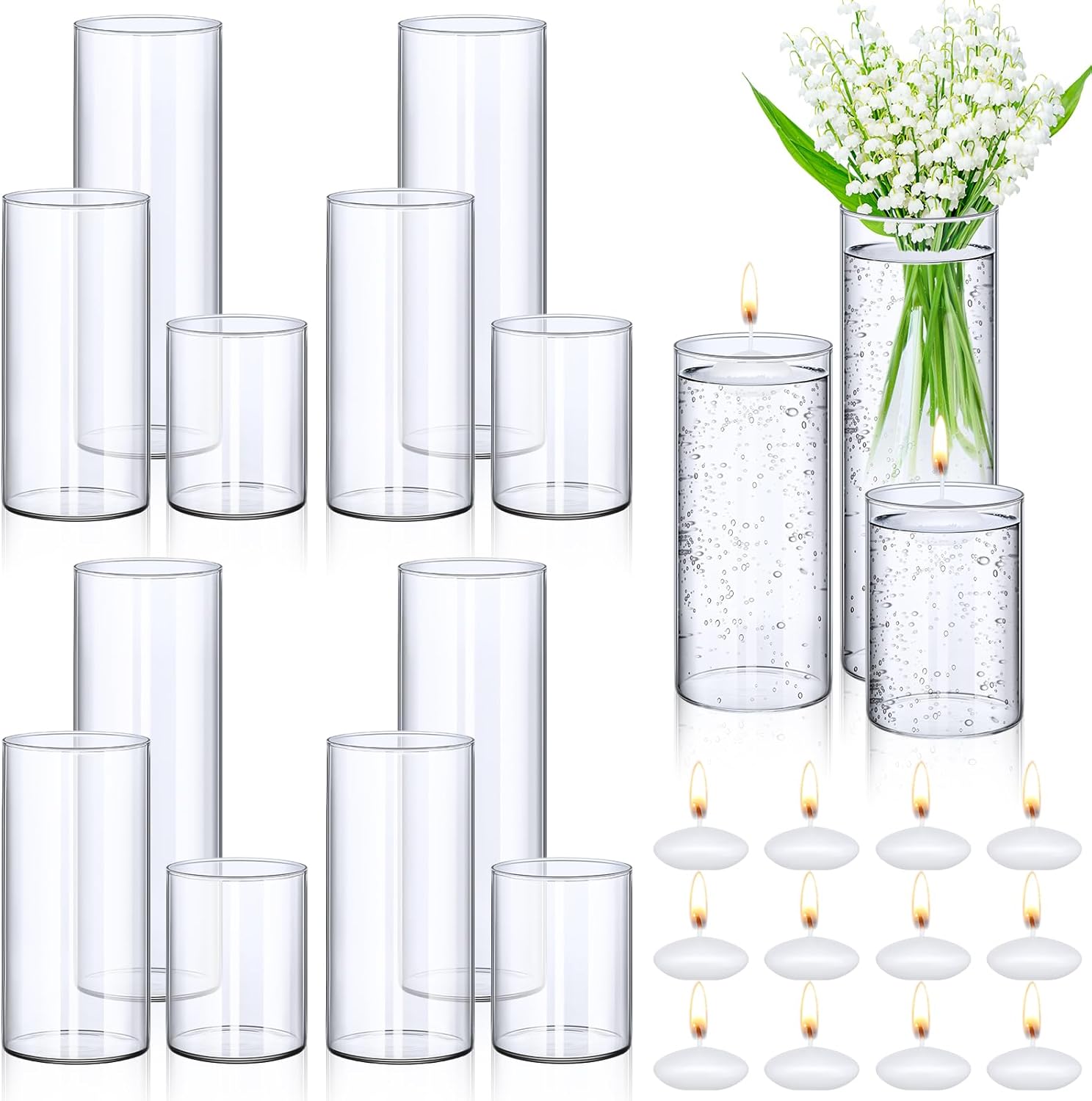 Jinei 12 Pack Glass Cylinder Vases with Floating Candles