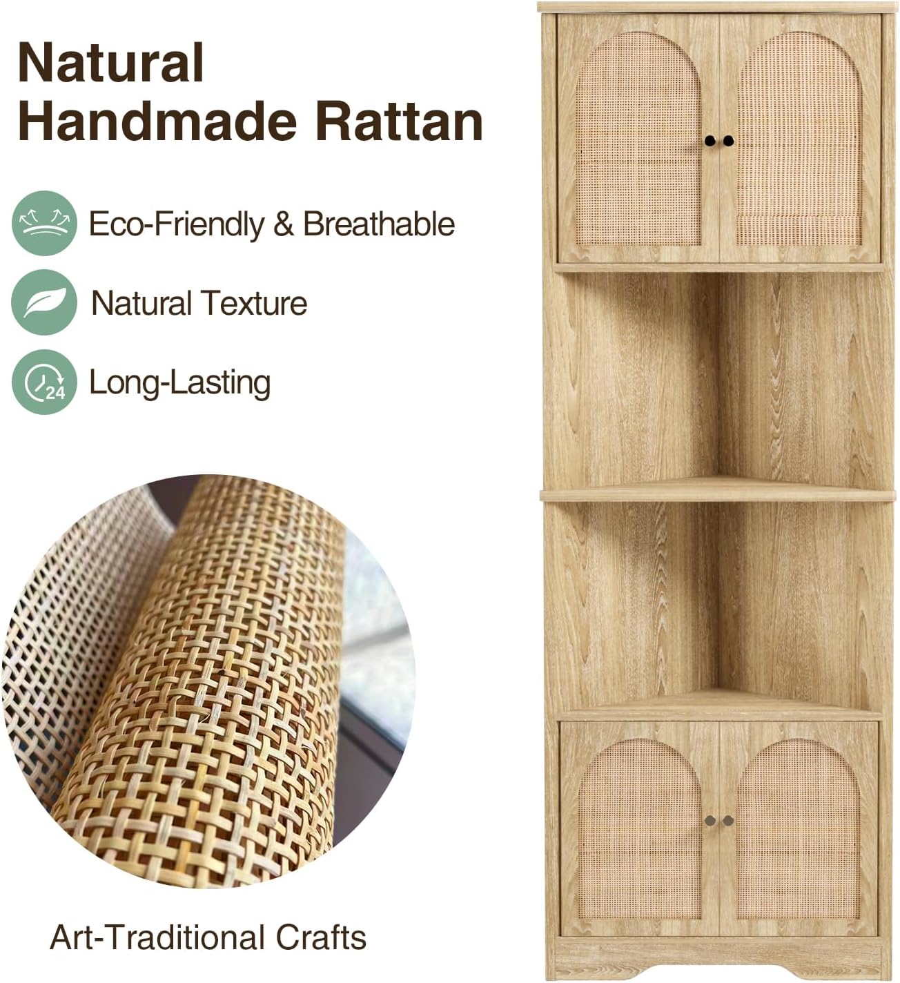 57H Tall Corner Cabinet with Handmade Rattan Doors