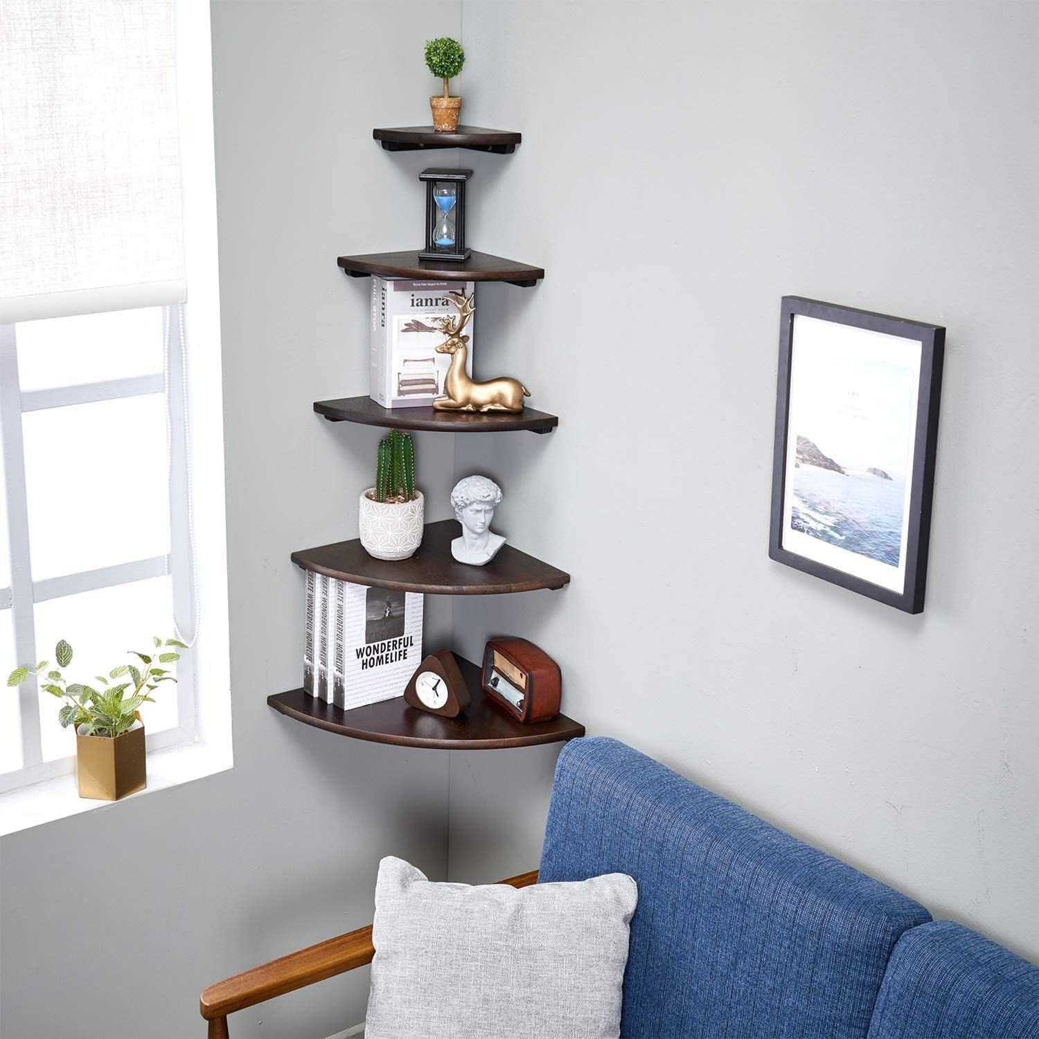 Set of 2 Floating Corner Shelves in Solid Oak Wood