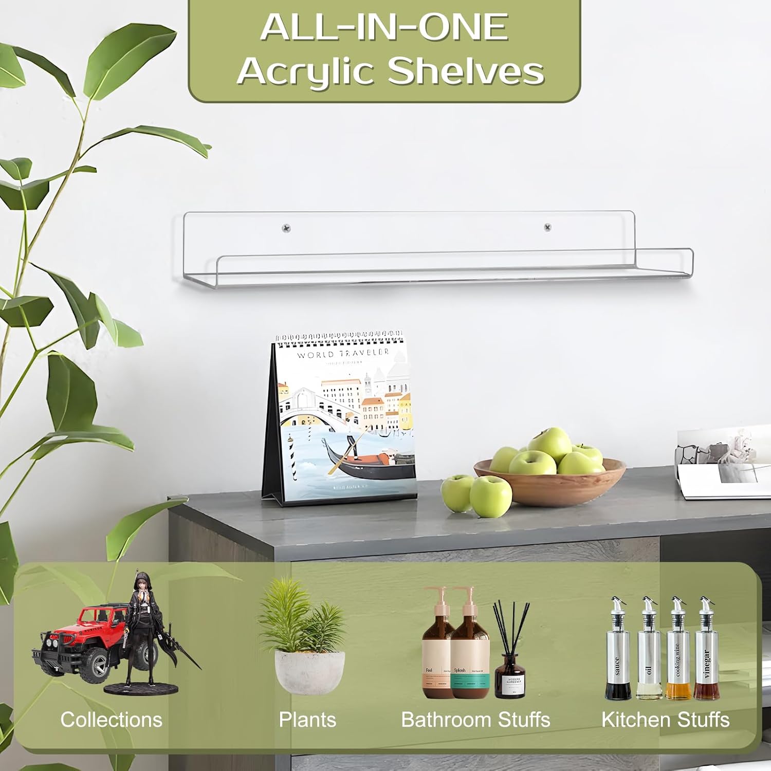 Boxalls Acrylic Floating Shelves - 4 Pack 15 Inch Wall Organizer