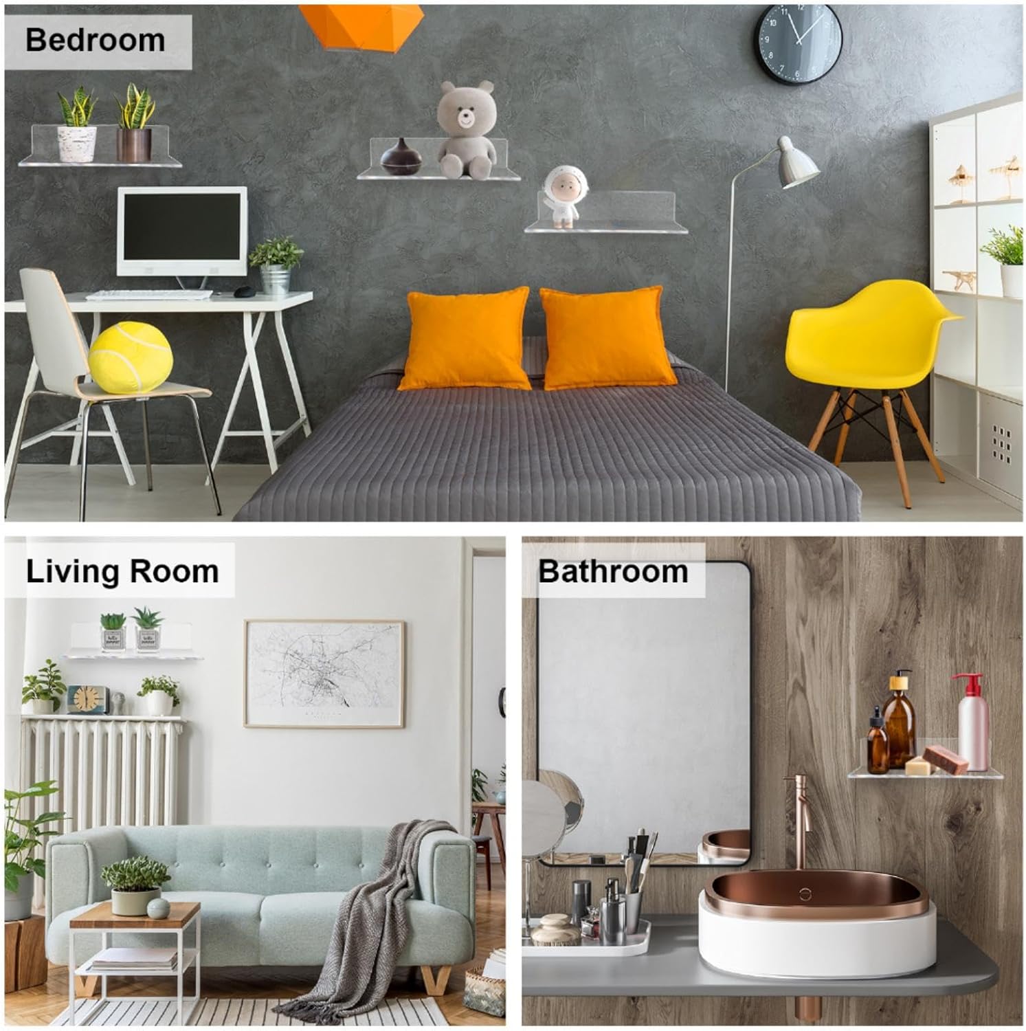 12 Pack Clear Acrylic Floating Shelves for Home Decor