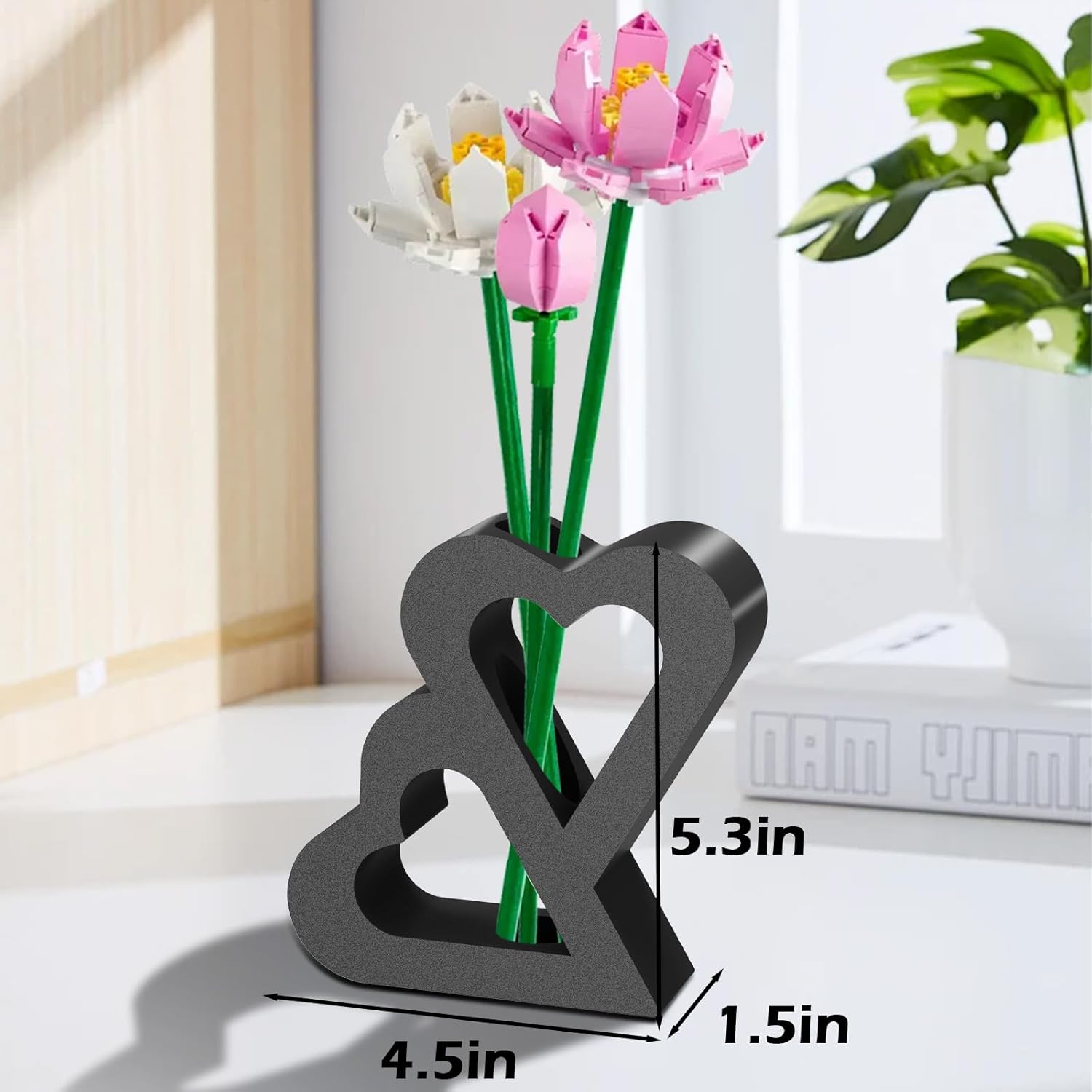 Double Heart Vase for LEGO Flower Building Sets - Black