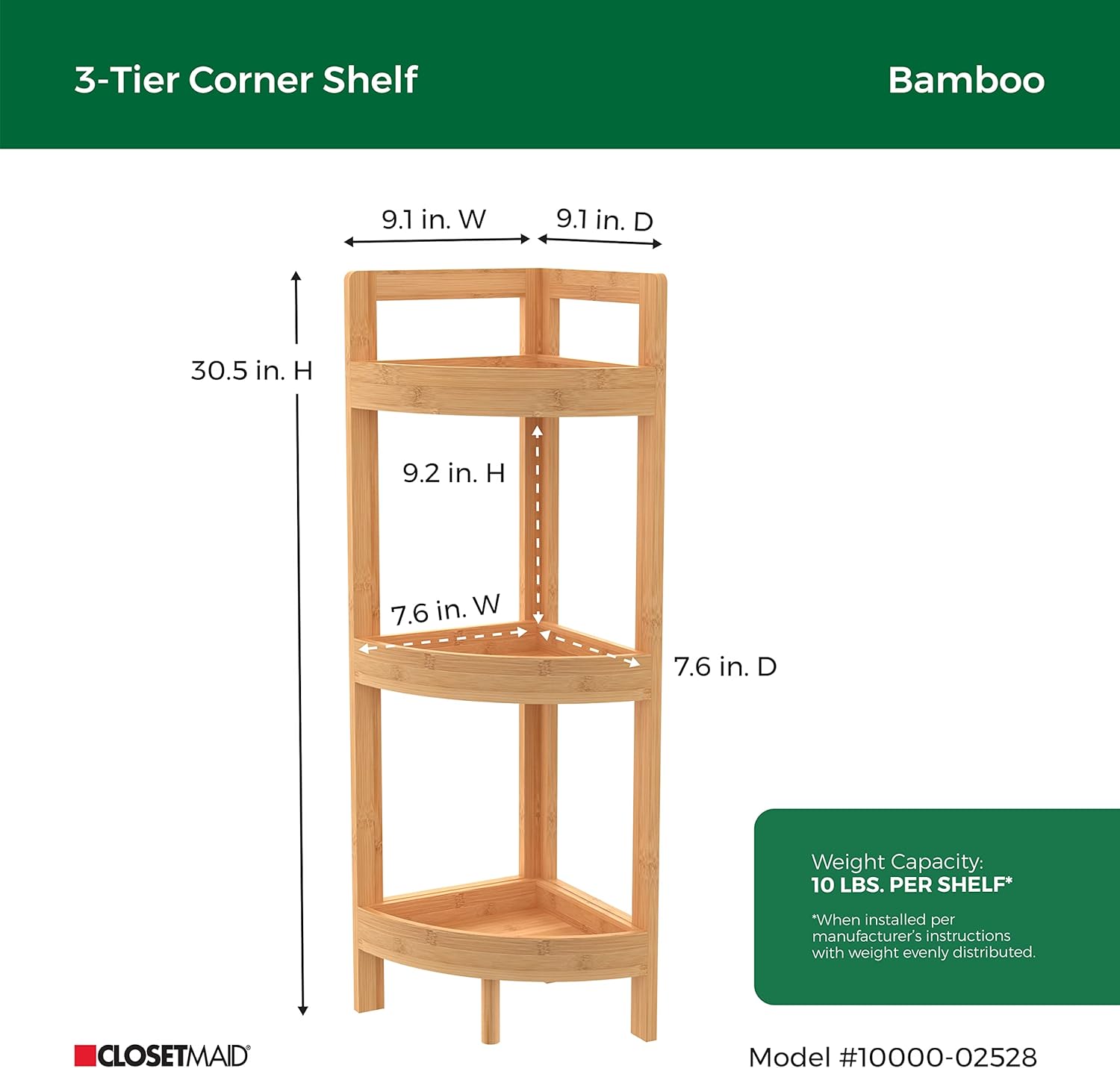 ClosetMaid Corner Shelf 3 Tiers Bamboo Wood