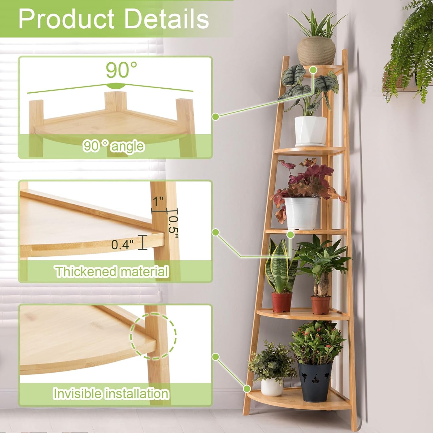 OUTREE Bamboo Corner Shelf 5 Tier Bookshelf Stand