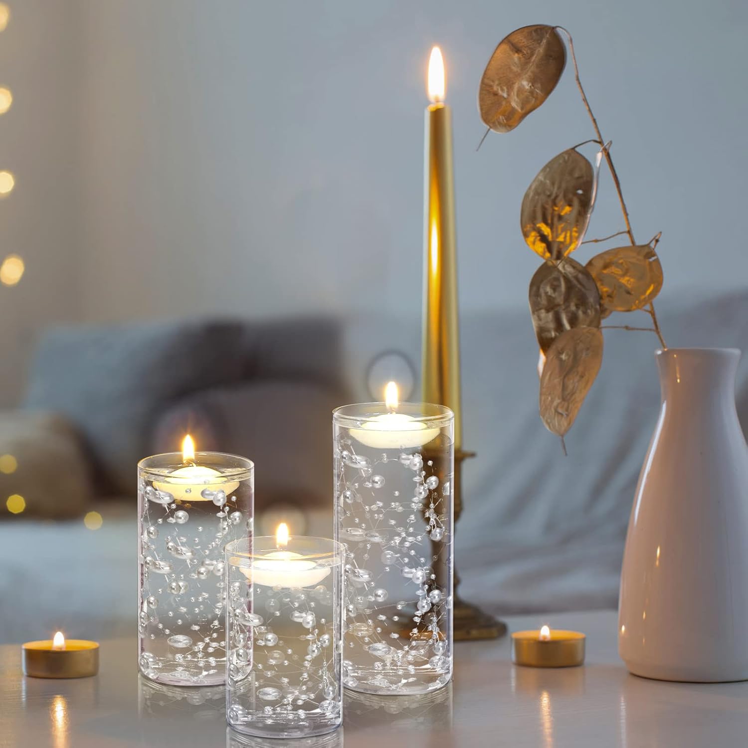 Hoolerry 9 Piece Glass Cylinder Vase Set with Floating Candles and Pearl Strings