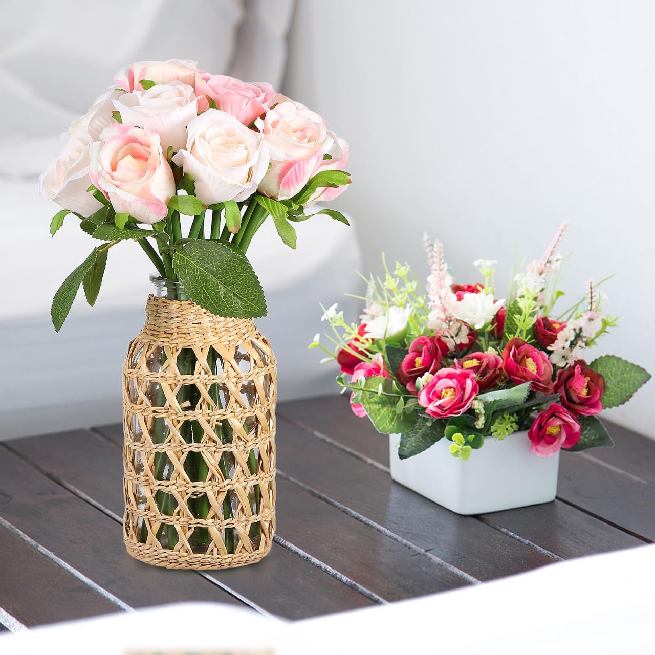 Angoily Glass Flower Vase with Rattan Woven Design