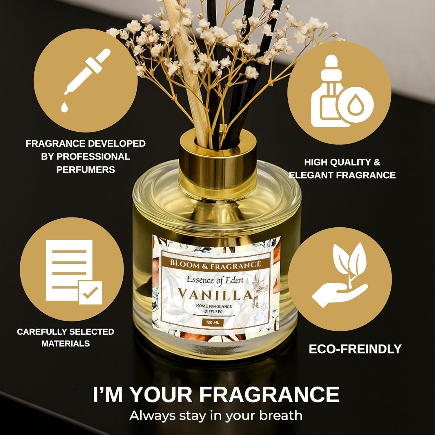 Bloom Fragrance 4oz Reed Diffuser with 6 Fiber Sticks Vanilla