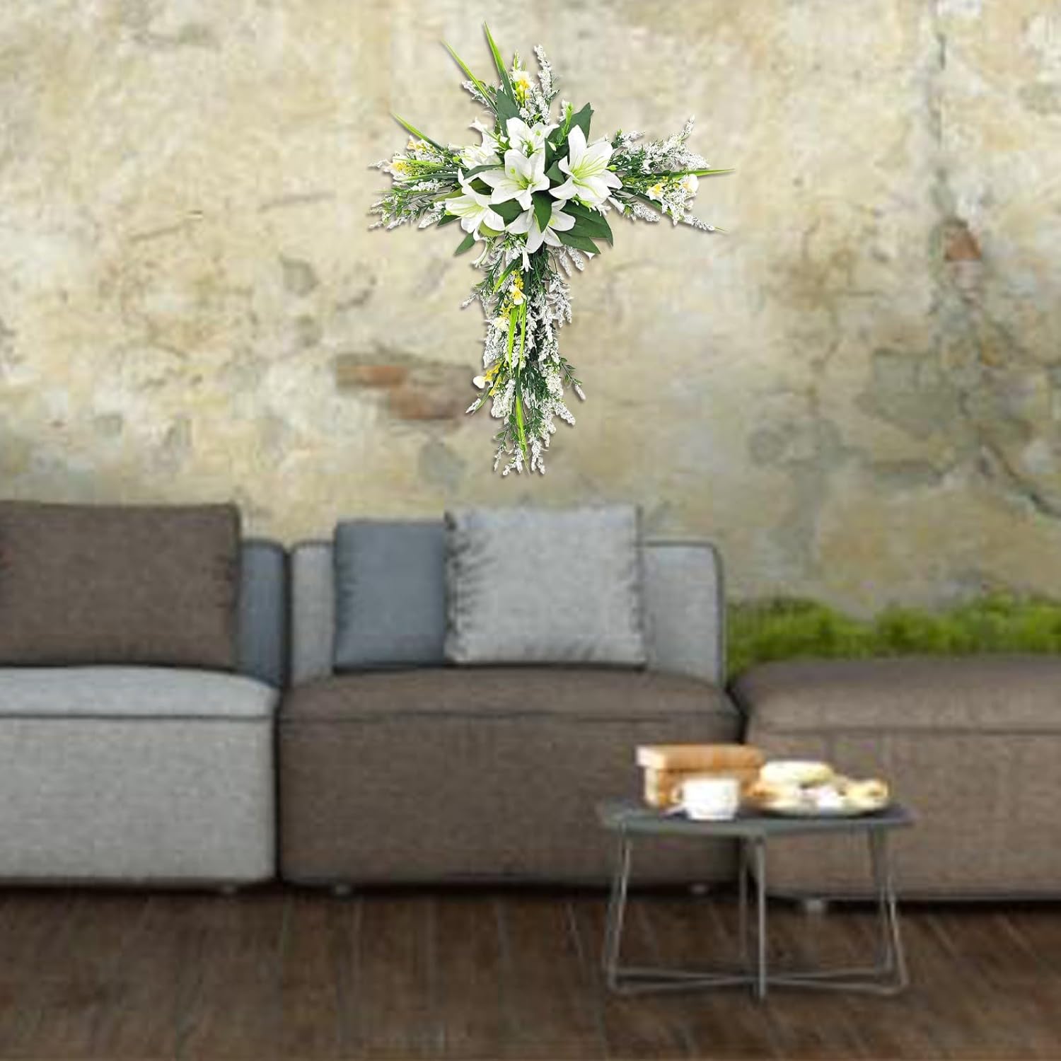 20 Inch Cross Shaped Artificial Lily Easter Wreath