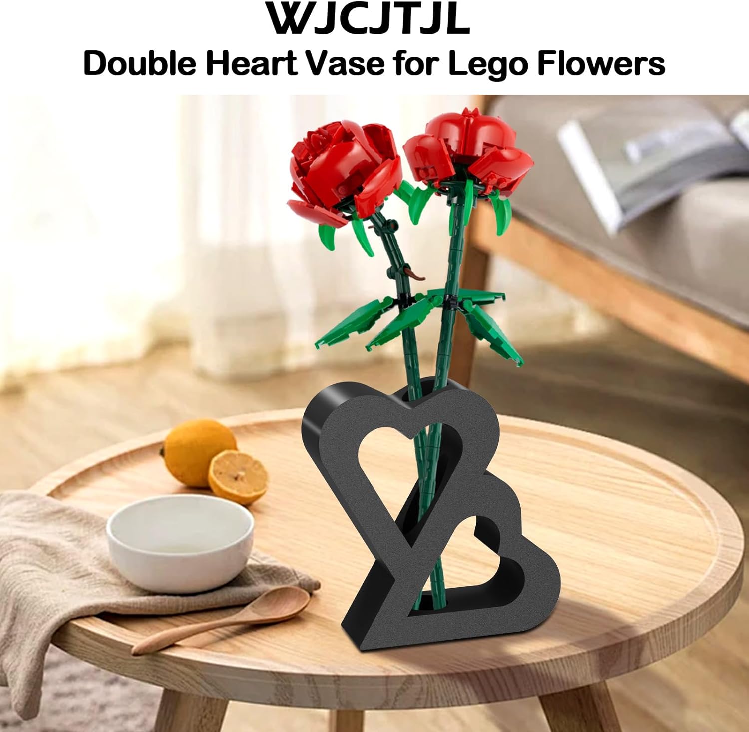 Double Heart Vase for LEGO Flower Building Sets - Black