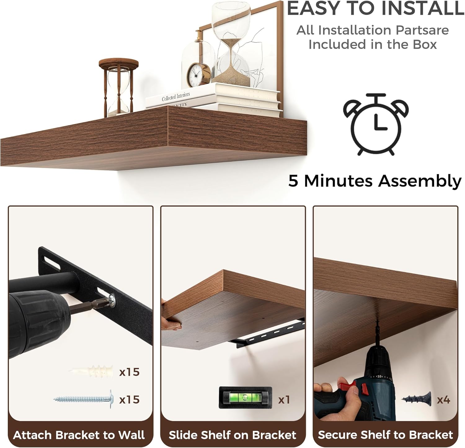 Venusmiles 72 Inch Walnut Floating Wall Shelf