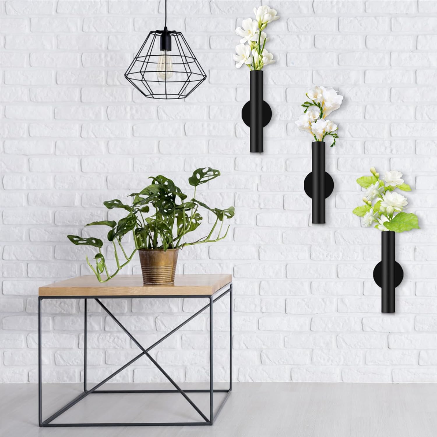 3 Pcs Black Metal Wall Mounted Vases for Decor