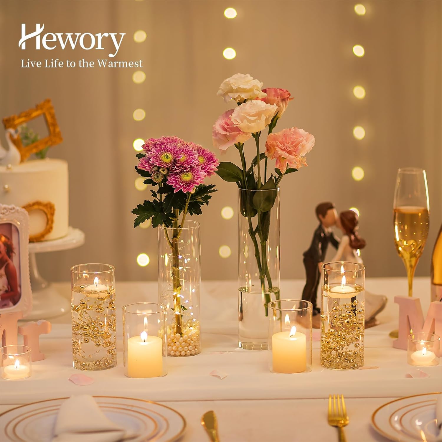 Hewory Clear Glass Cylinder Vases Set of 12 with Pearl String