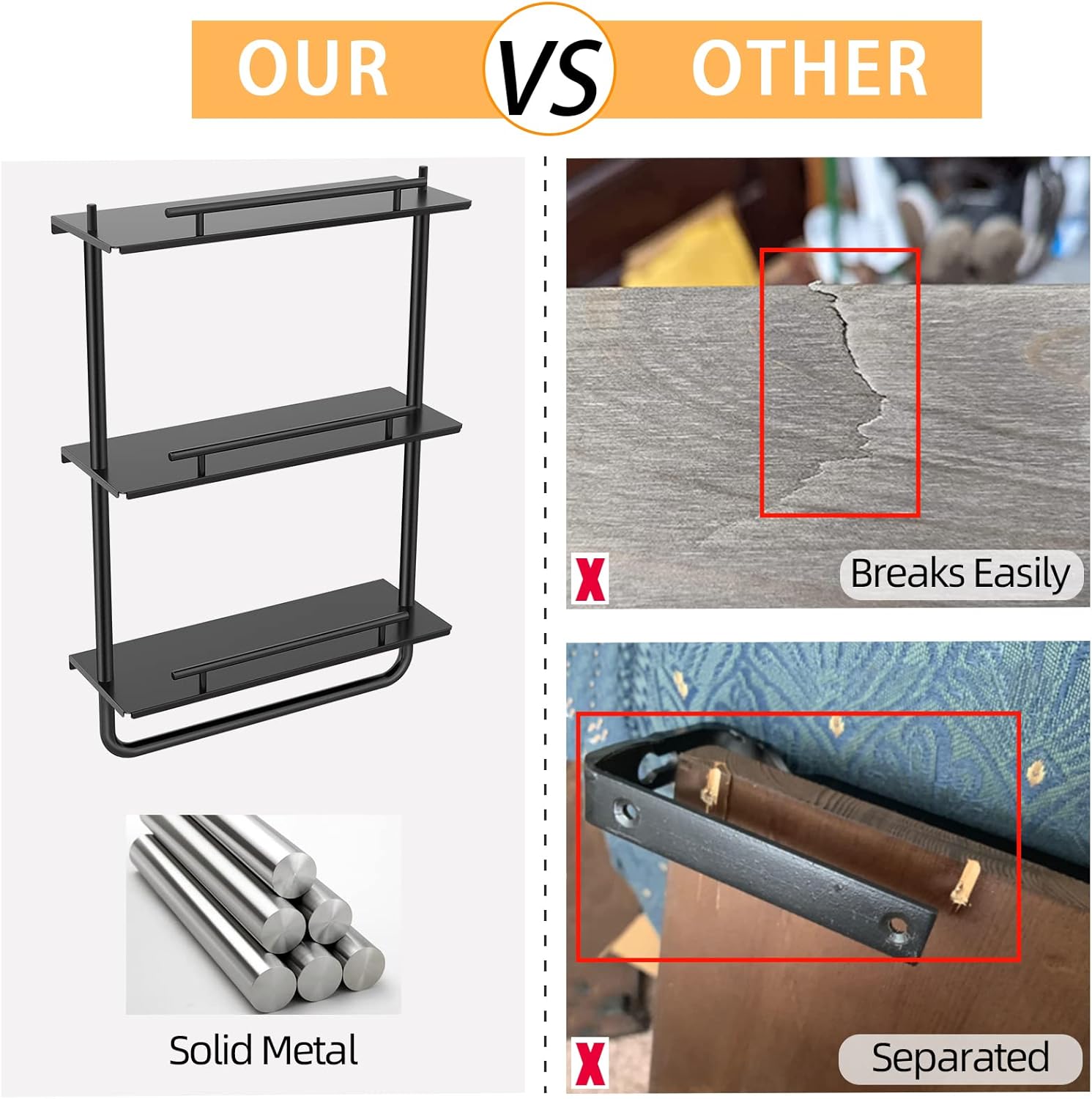 3 Tier Metal Floating Shelves Black with Frame and Towel Rack