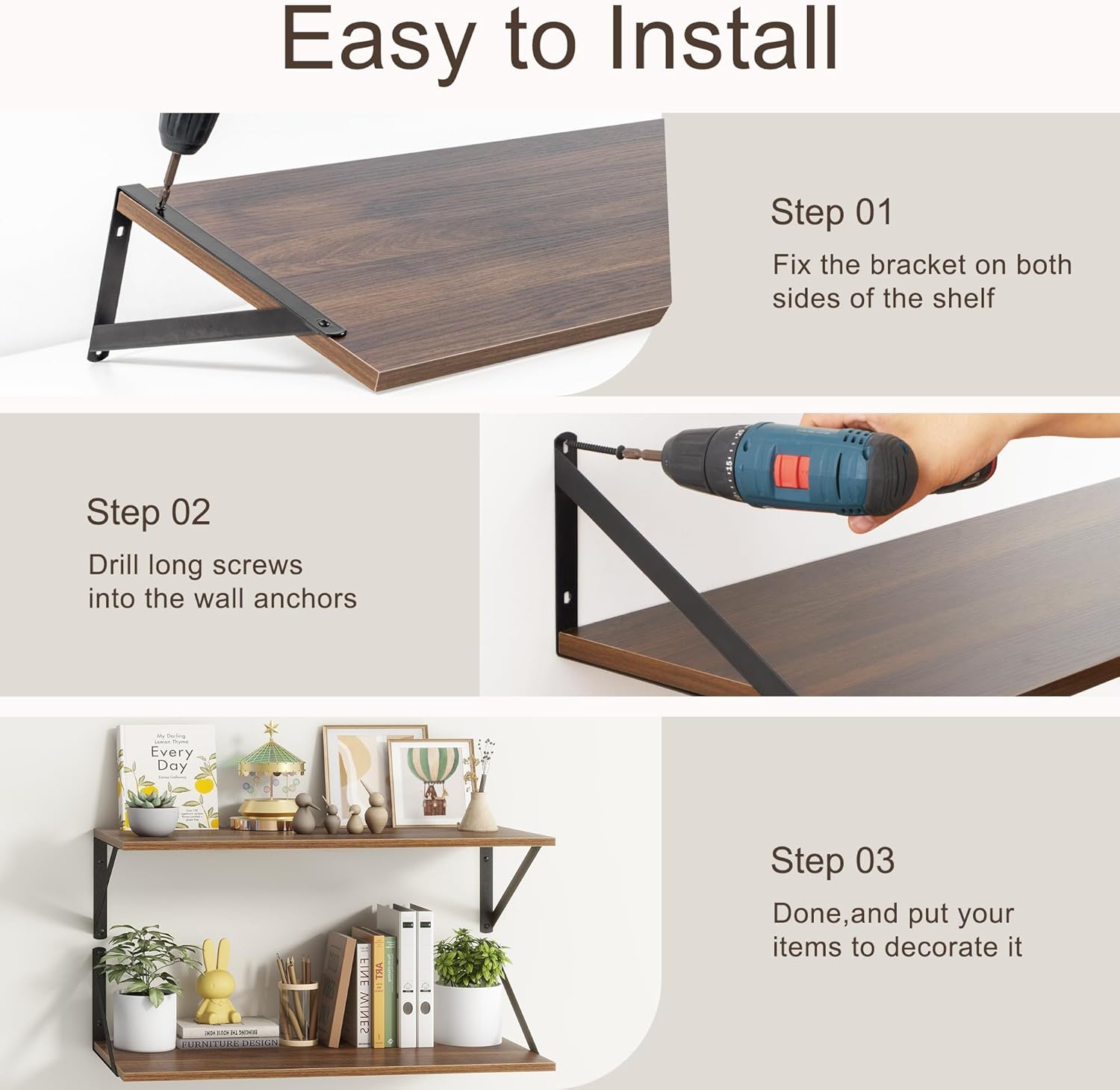 Fun Memories 2 Piece 16x10 Inch Walnut Floating Shelves Set