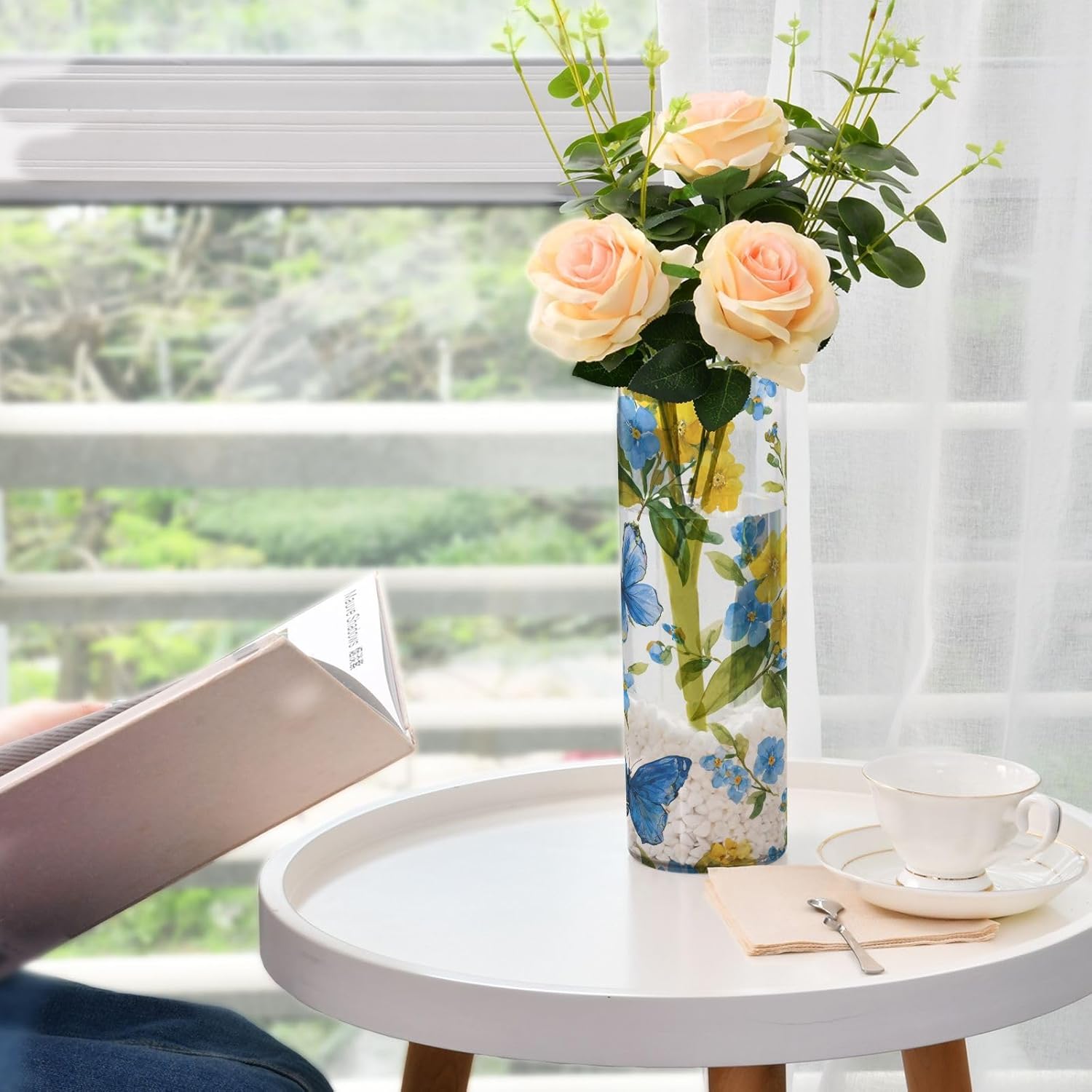 Yellow Blue Flower Pattern Clear Plastic Cylinder Vase 118 Inch Tall