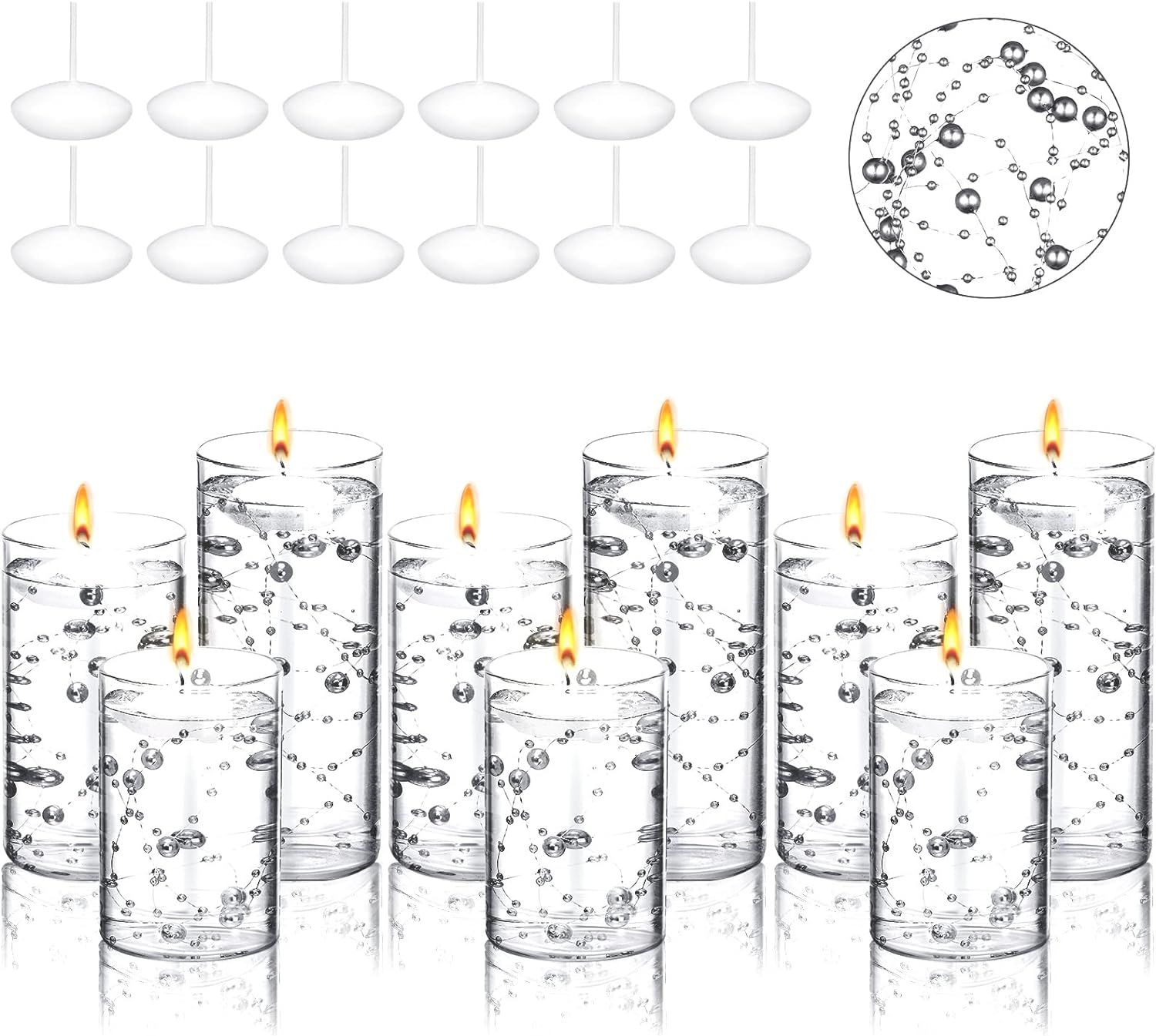 Hoolerry 9 Piece Glass Cylinder Vase Set with Floating Candles and Pearl Strings