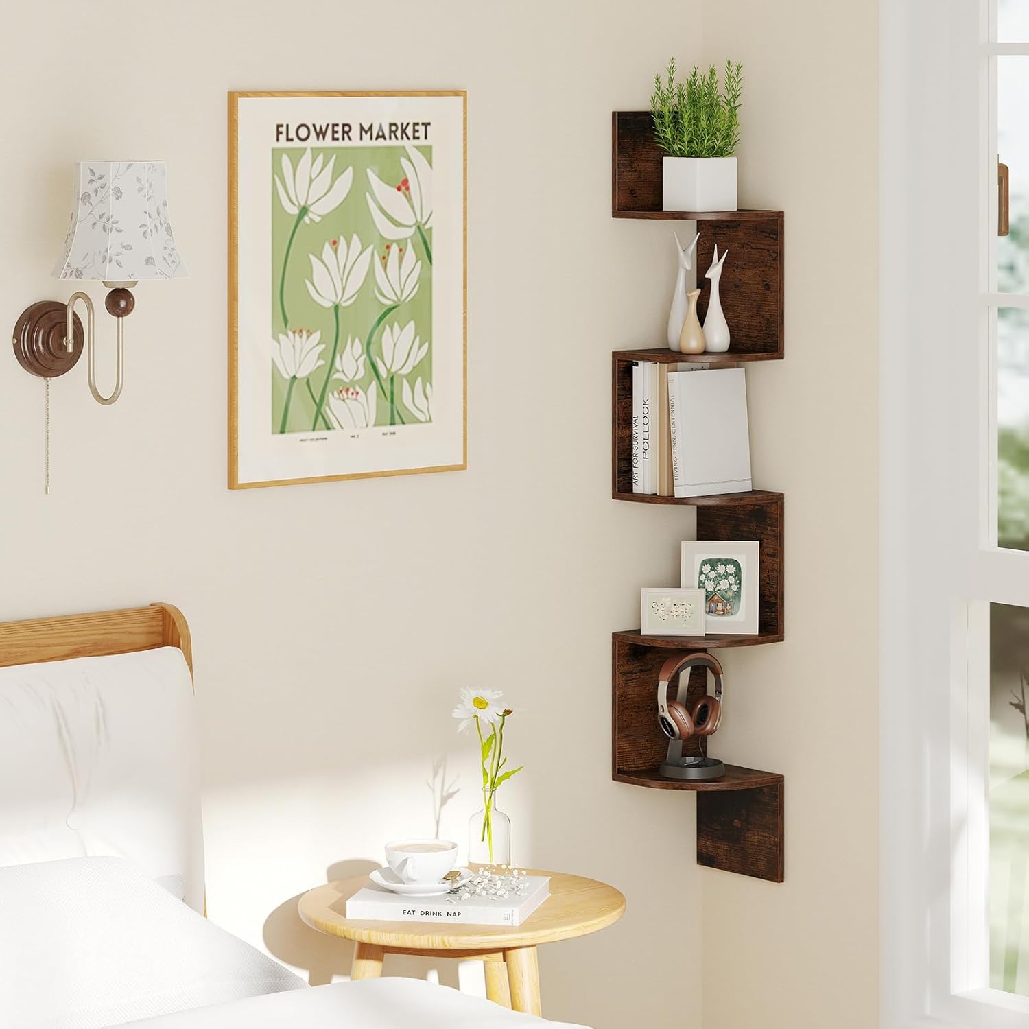 Giantex 5-Tier Floating Corner Bookshelf Wall Mounted Rustic Brown