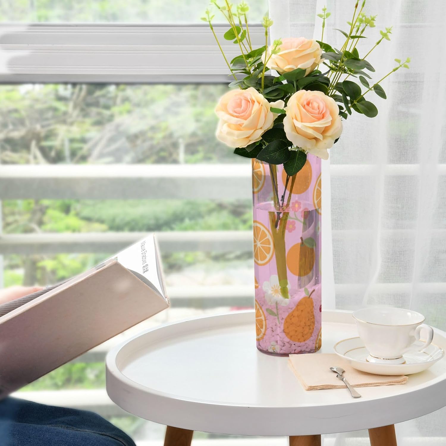 Berry Orange Pear Floral Texture Pink Plastic Cylinder Vase