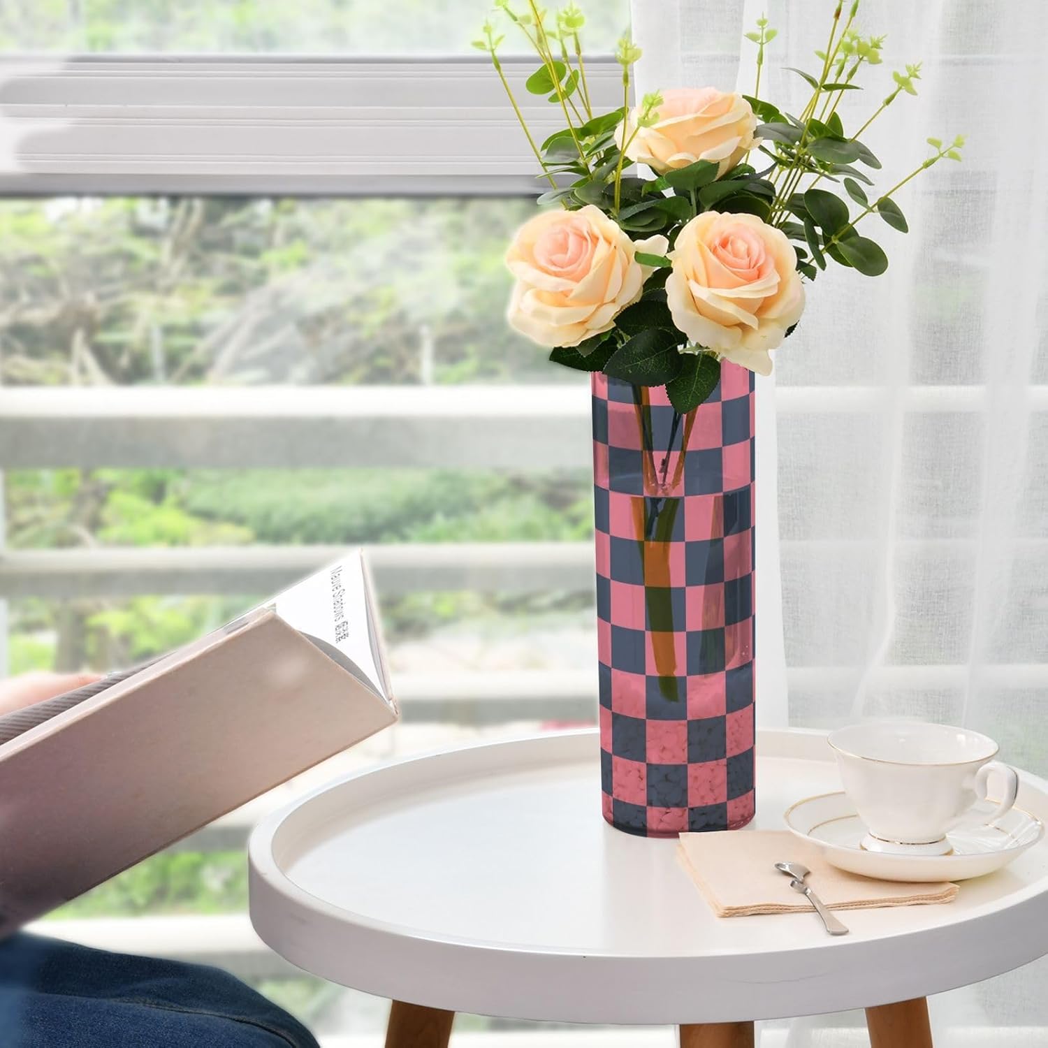 Black and Peach Checkerboard Plastic Hurricane Candle Holder 118 x 39 Inch