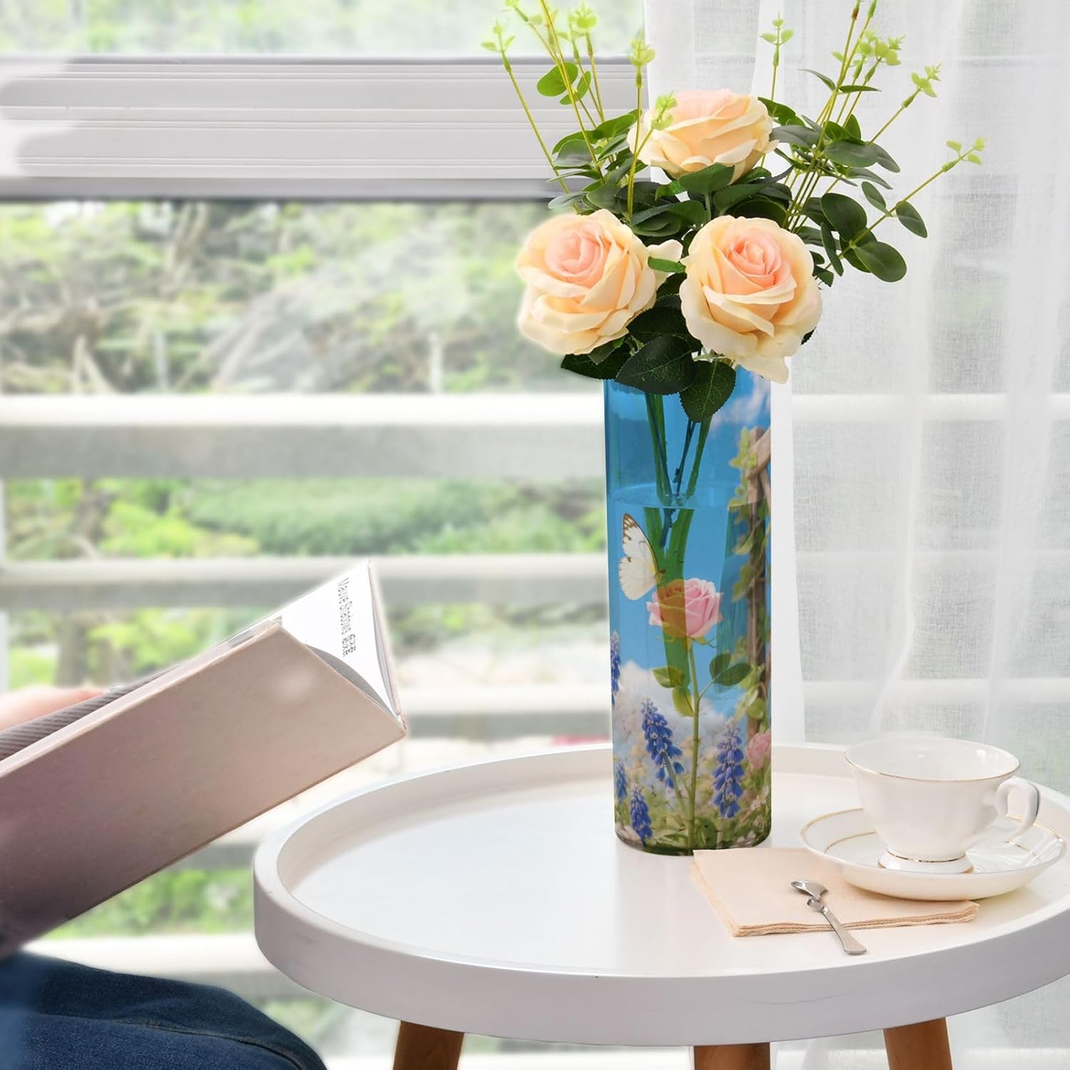 Rose and Tulip Pattern Clear Plastic Cylinder Vase 118 Inch Tall