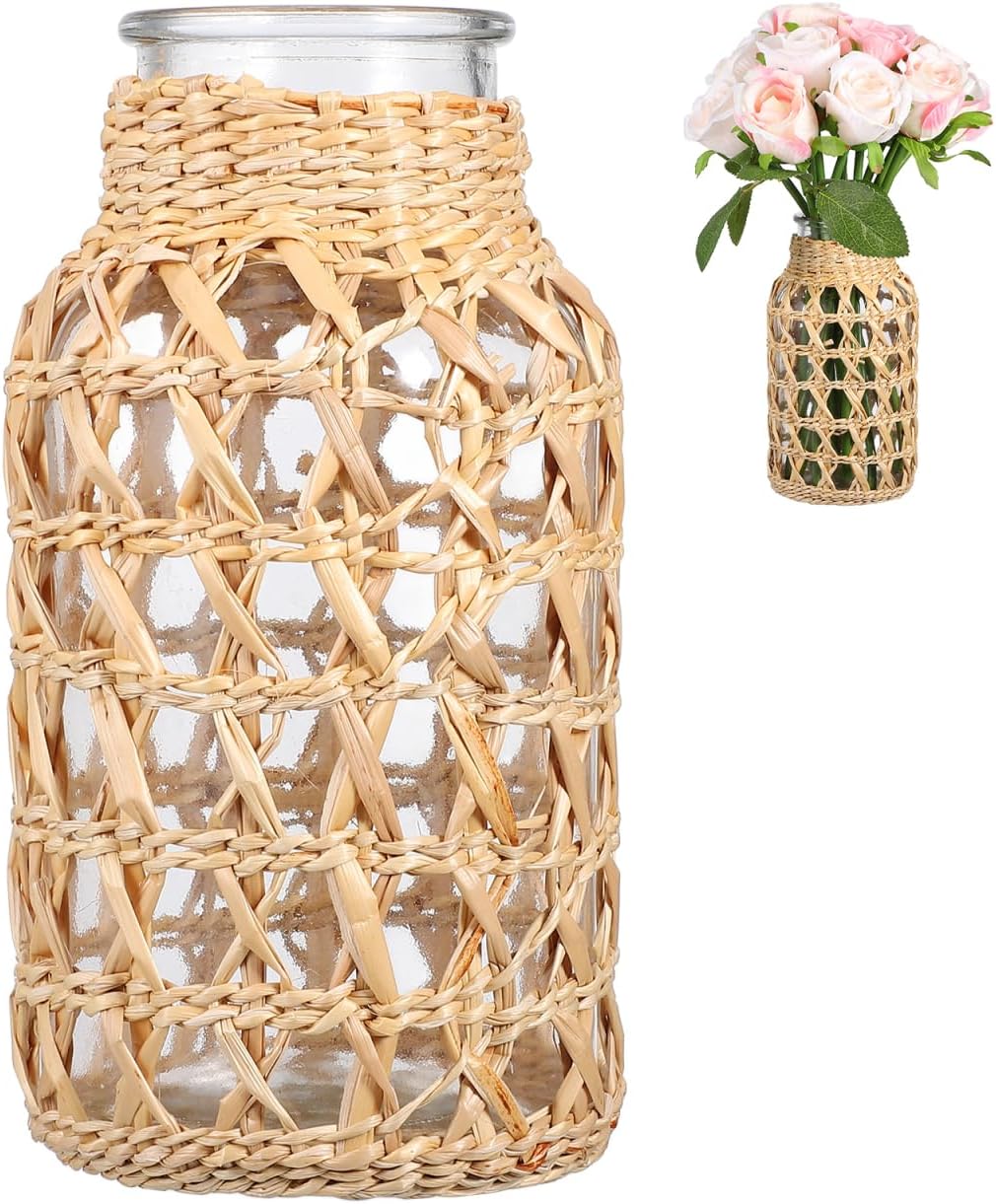 Angoily Glass Flower Vase with Rattan Woven Design