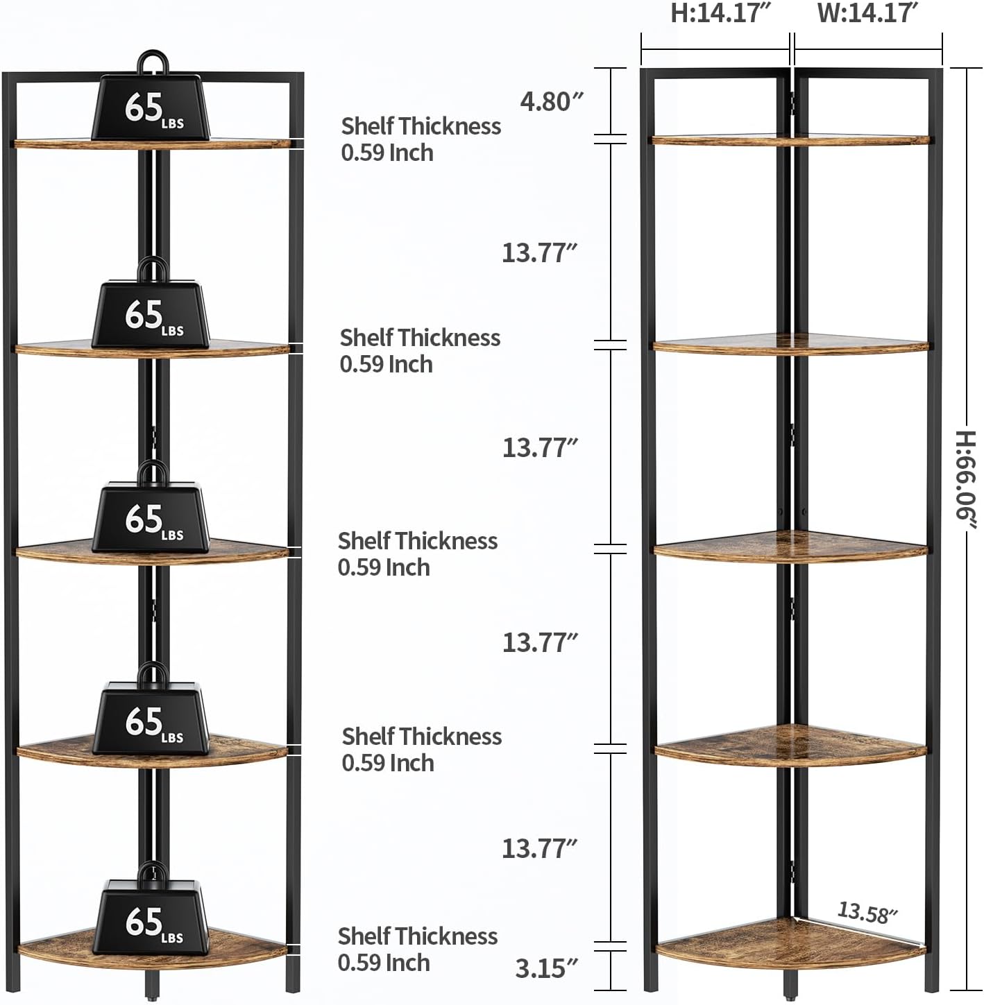 Gemfurque Rustic Brown 5 Tier Corner Shelf with LED Light