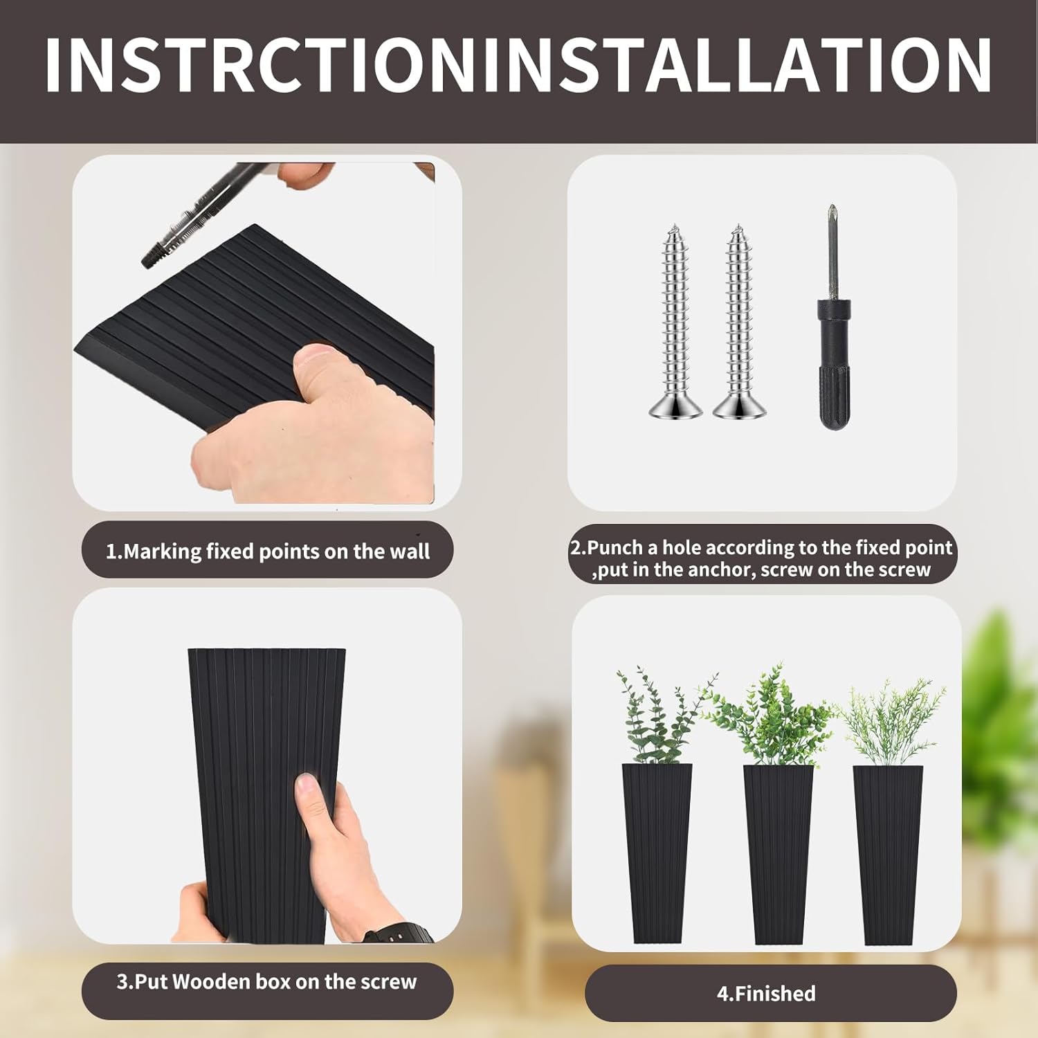 2Pack Black Wood Wall Planter for Dried Flowers and Plants