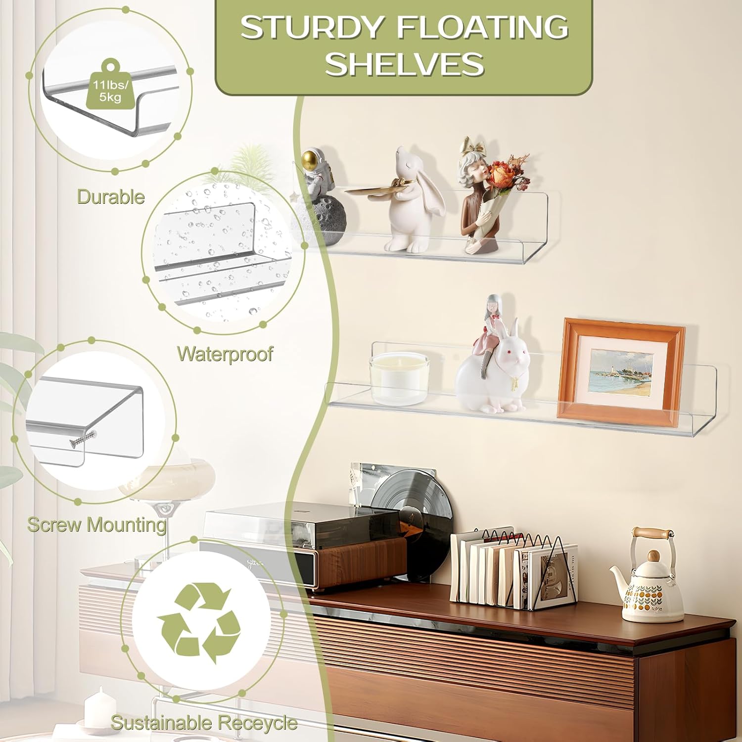 Boxalls Acrylic Floating Shelves - 4 Pack 15 Inch Wall Organizer