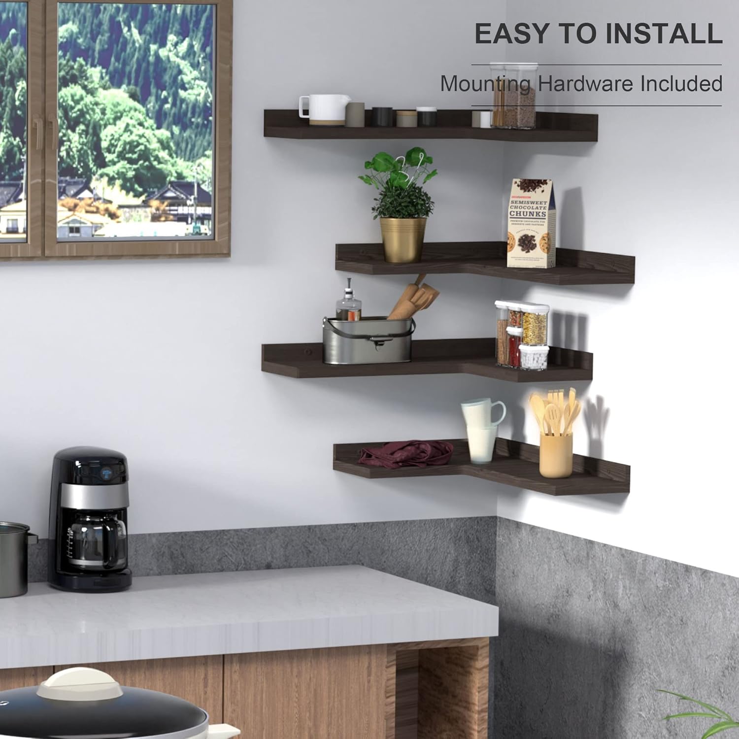 4 Tier Corner Floating Shelves Set of 4 Dark Brown
