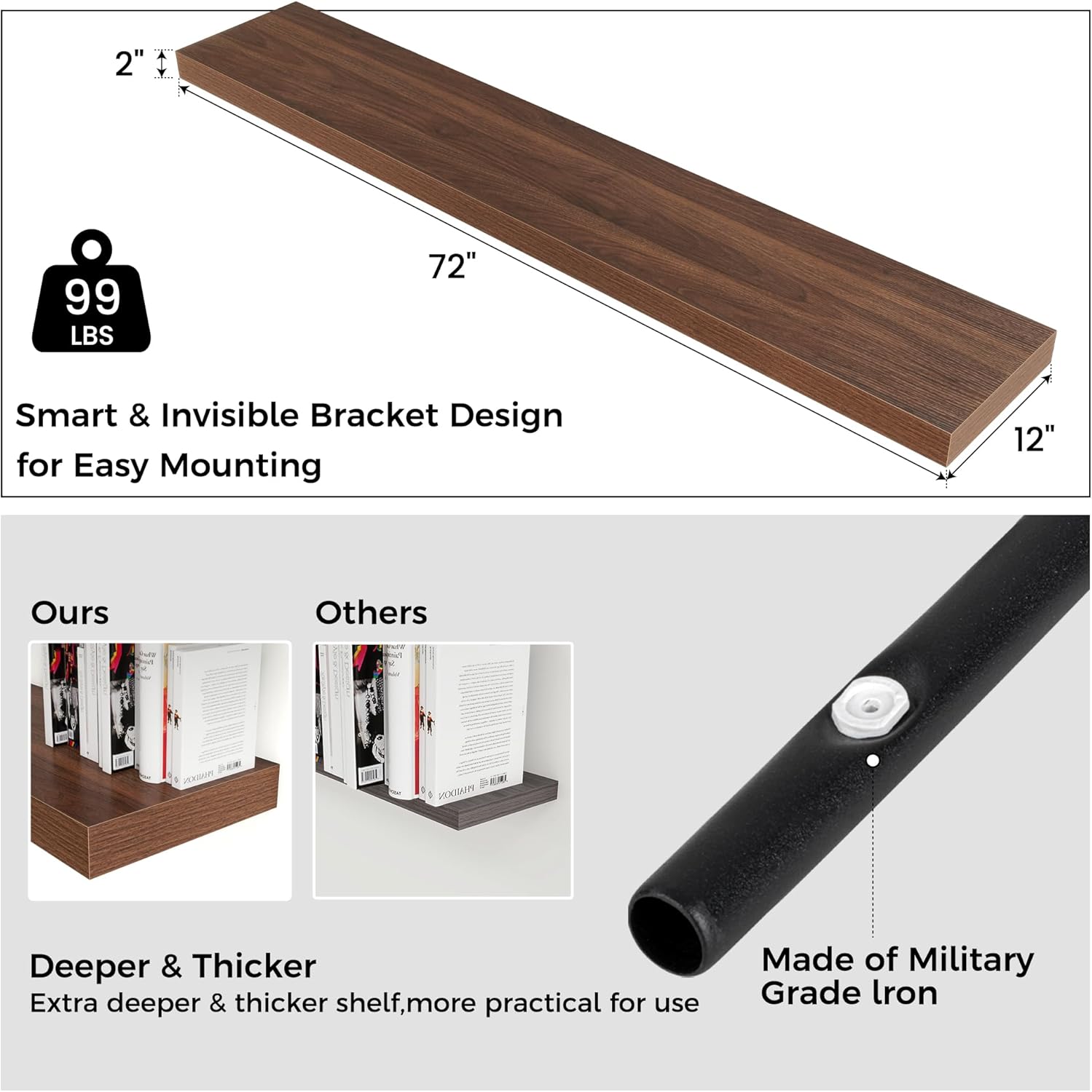 Venusmiles 72 Inch Walnut Floating Wall Shelf