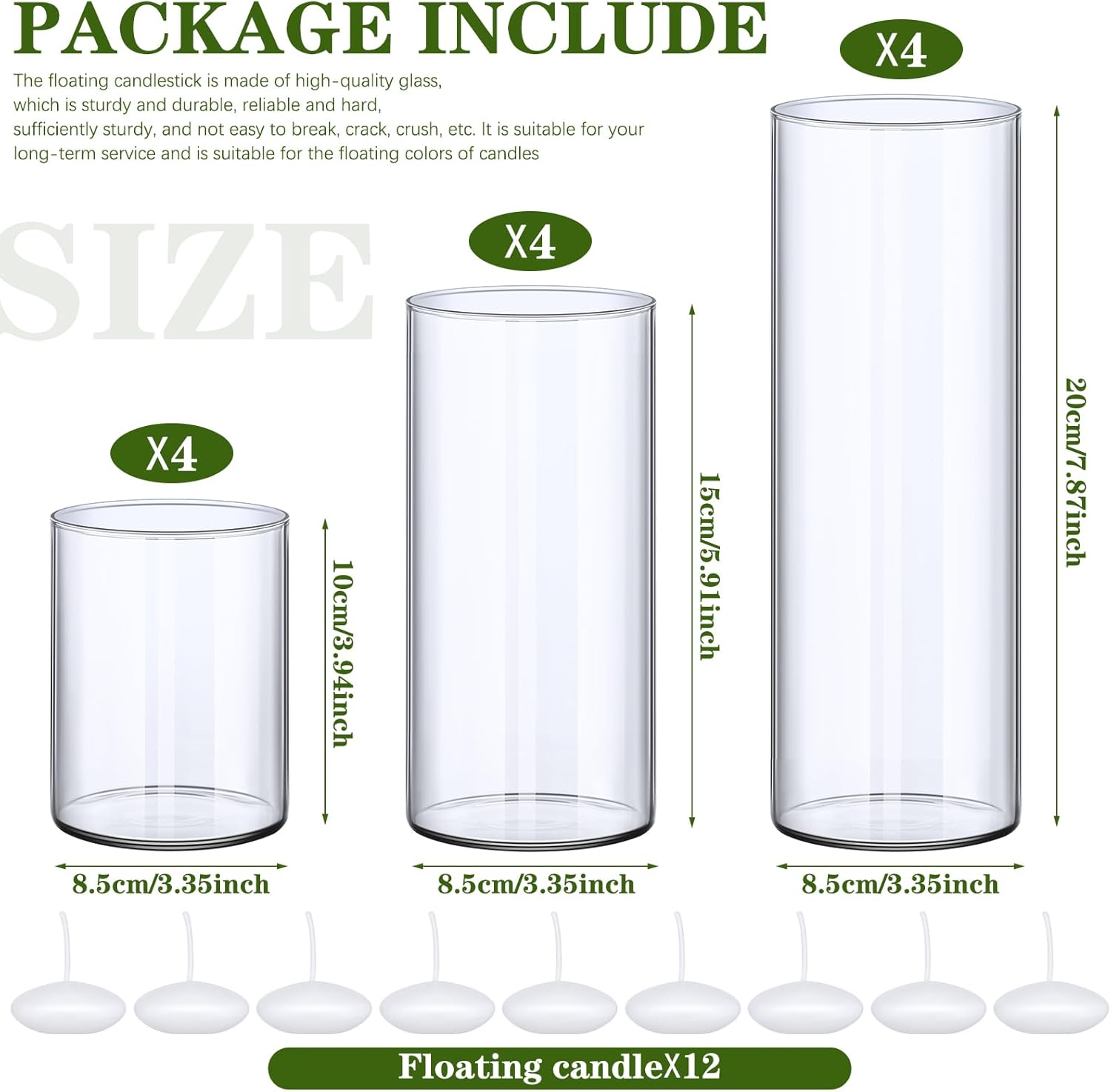 Jinei 12 Pack Glass Cylinder Vases with Floating Candles