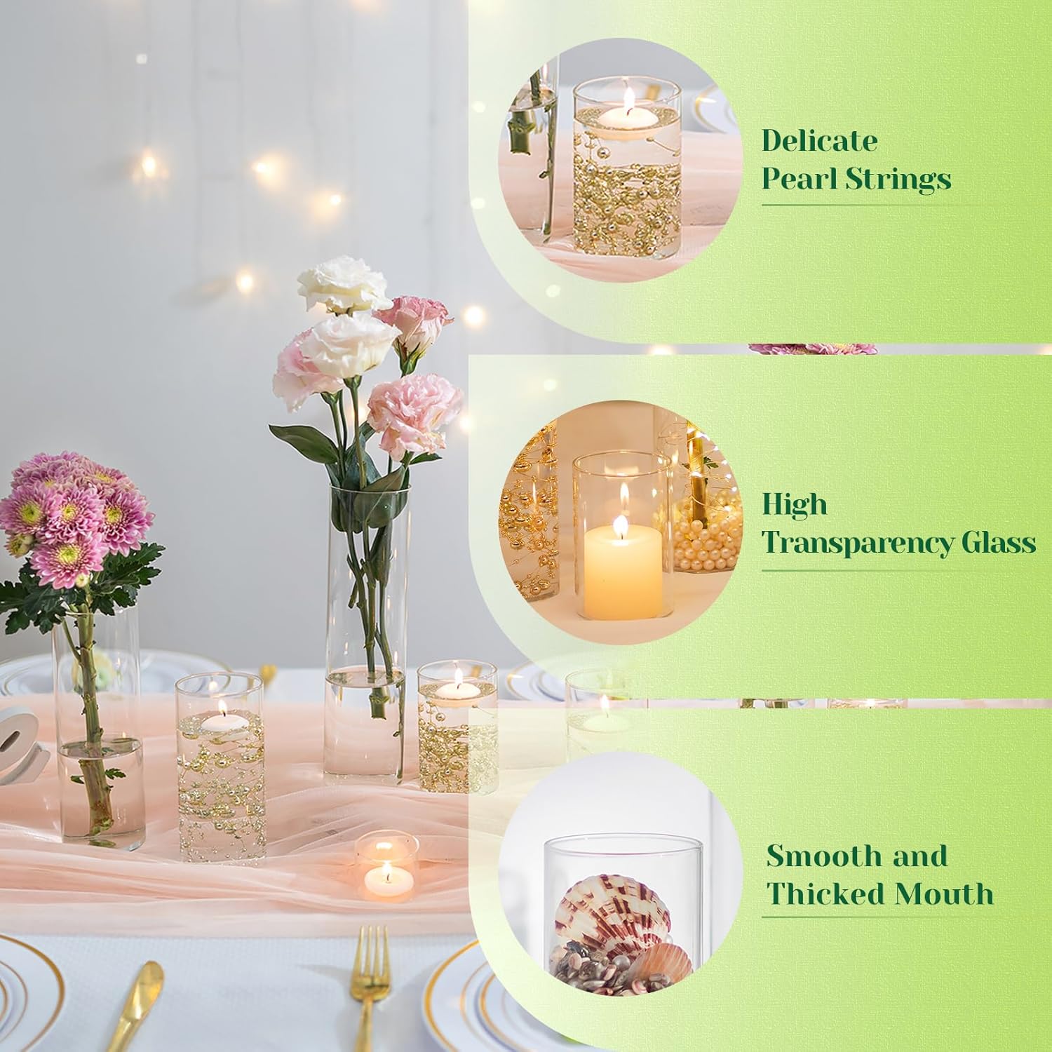Hewory Clear Glass Cylinder Vases Set of 12 with Pearl String