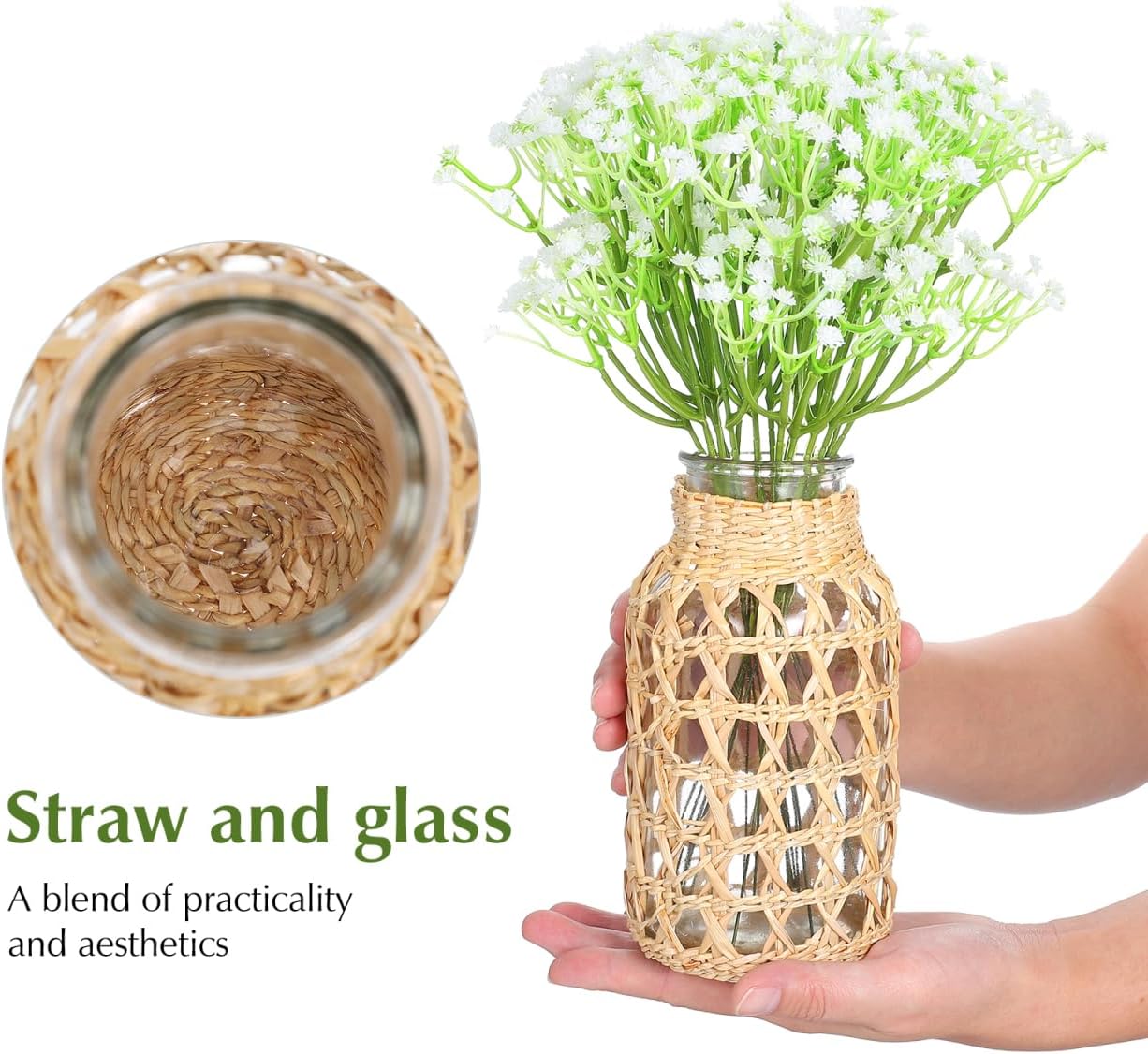 Angoily Glass Flower Vase with Rattan Woven Design