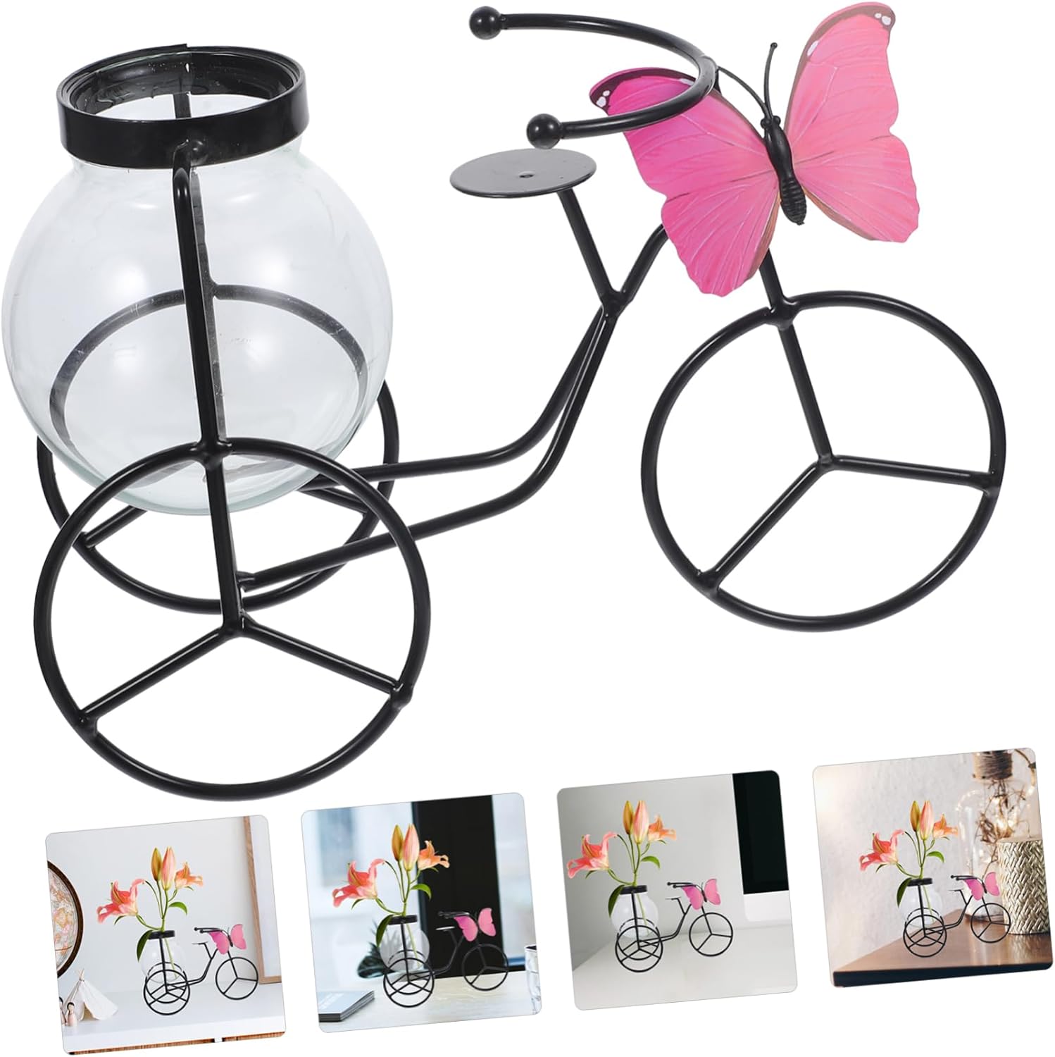 Modern Decorative Pedicab Glass Vase Wrought Iron Holder
