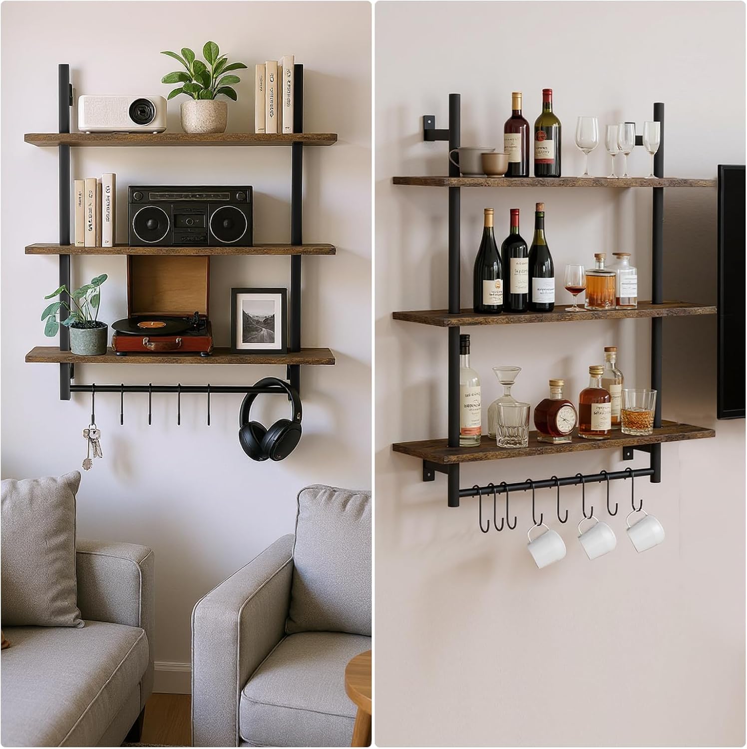 Industrial Pipe 3-Tier Wall Shelves with Towel Bar