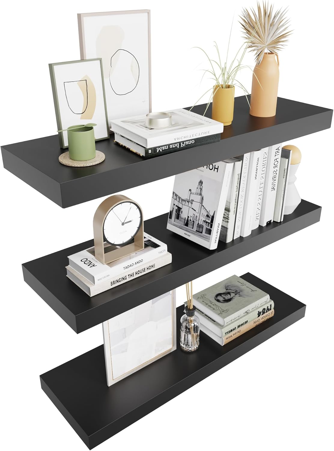 Colima Set of 3 Floating Wall Shelves Black Wood
