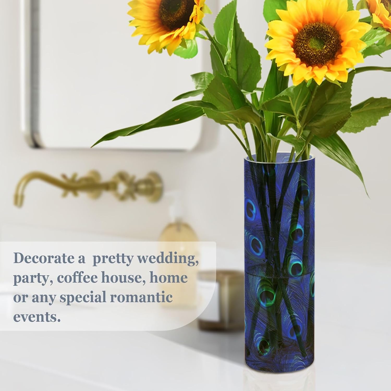 Blue Peacock Feathers Plastic Cylinder Vase Decor