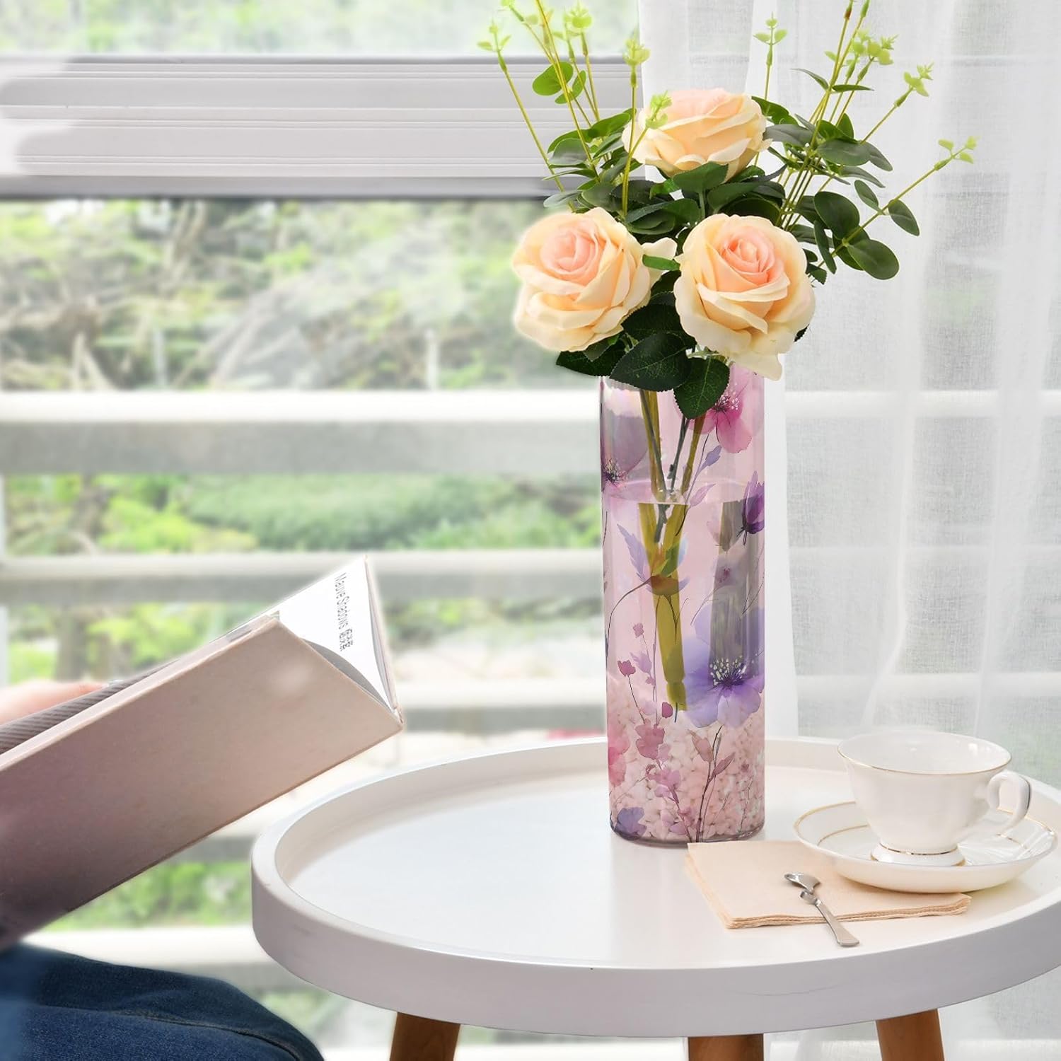 Pinkish Purple Flowers Plastic Cylinder Vase 118x39 Inch