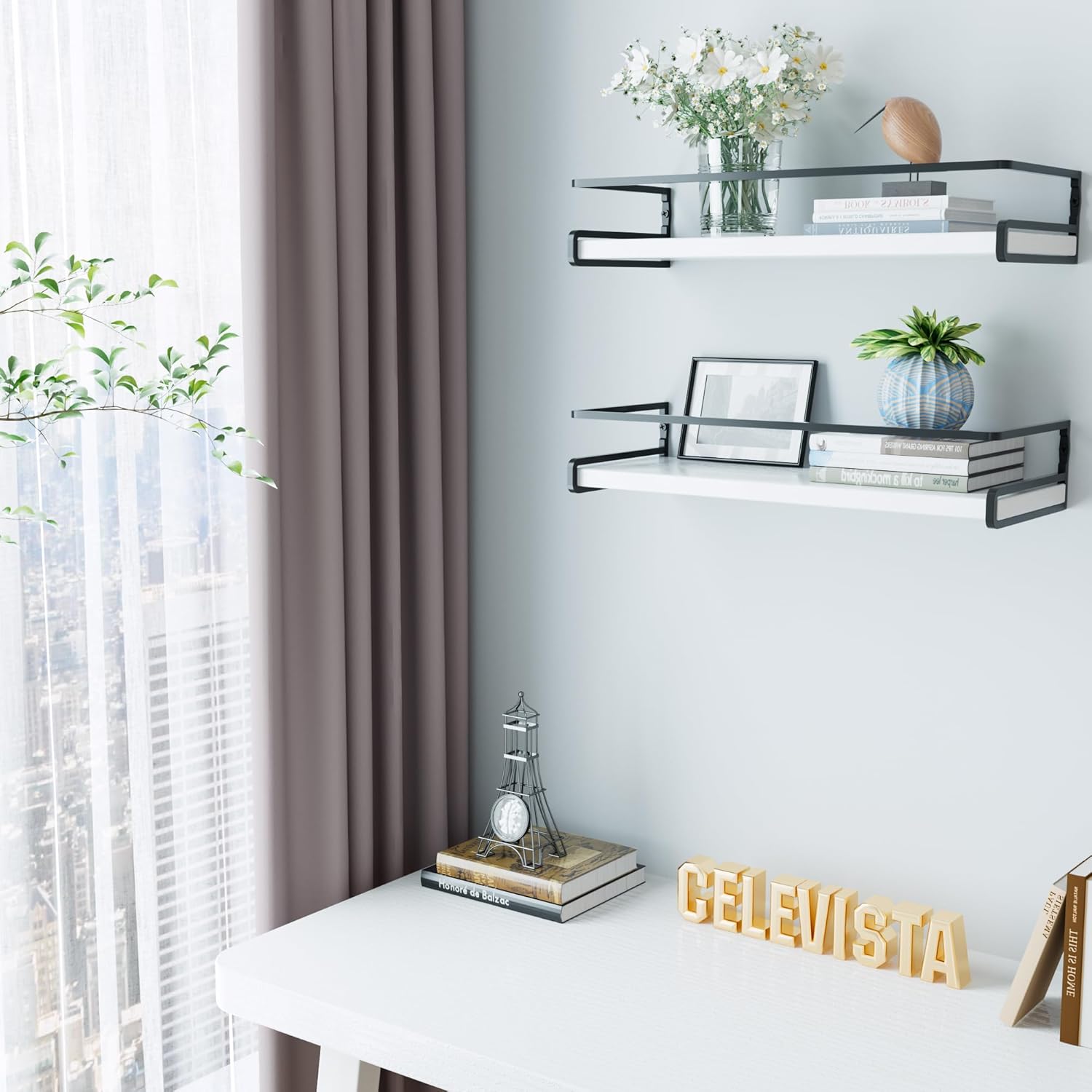 CeleVista Floating Shelves 4 Pack Bathroom Shelf with Towel Bar