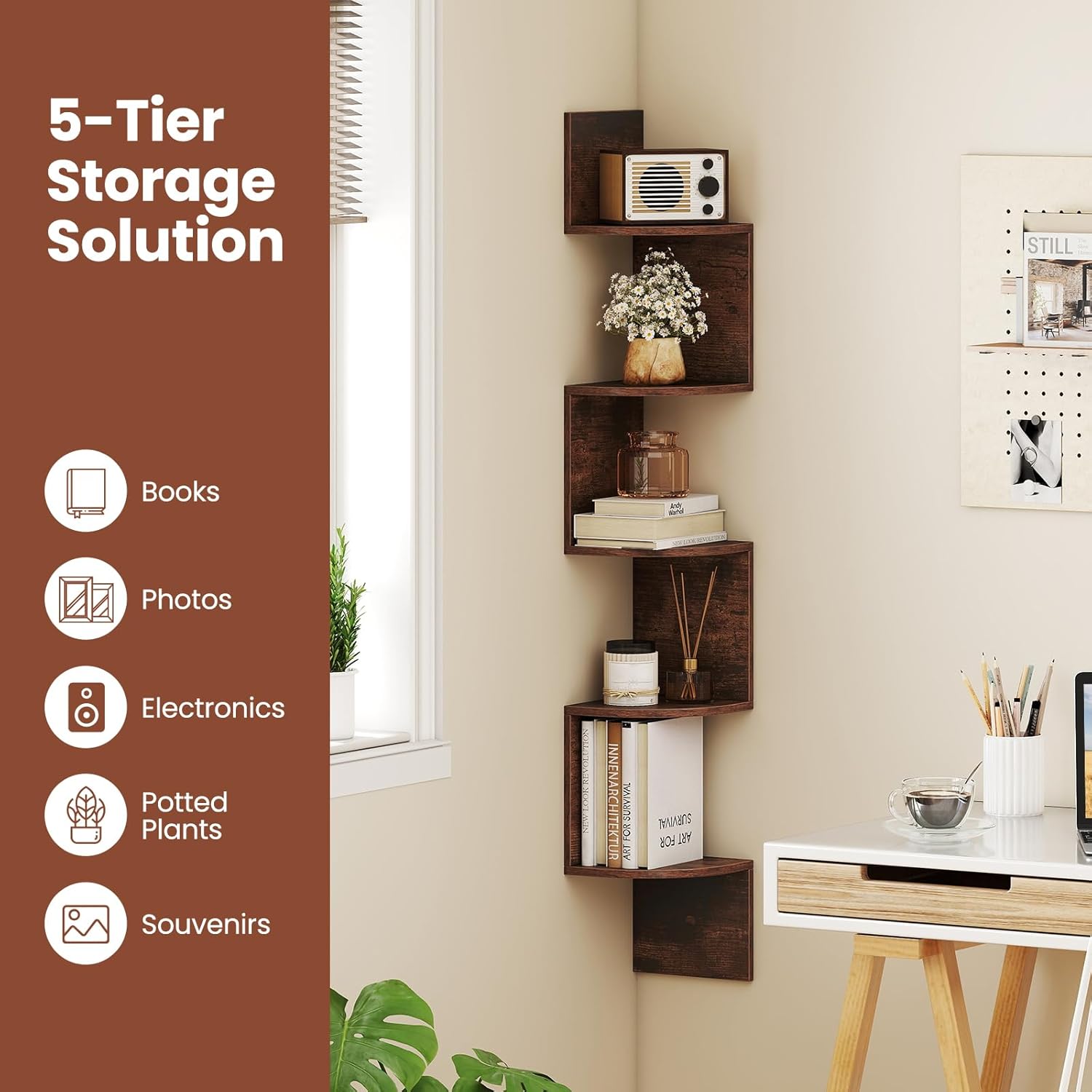 Giantex 5-Tier Floating Corner Bookshelf Wall Mounted Rustic Brown