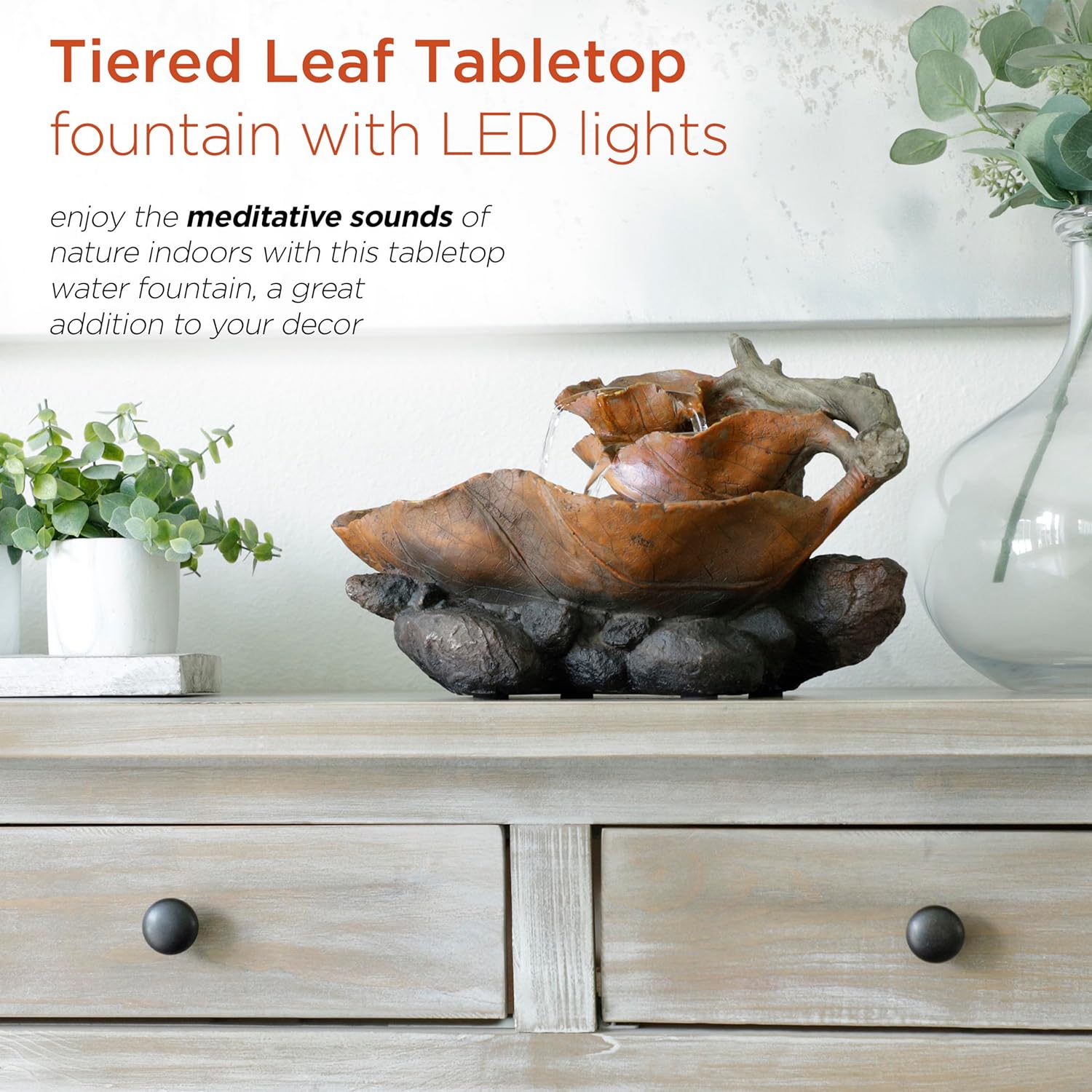 9 Tall Indoor Tabletop Tiered Leaf Fountain with LED Lights