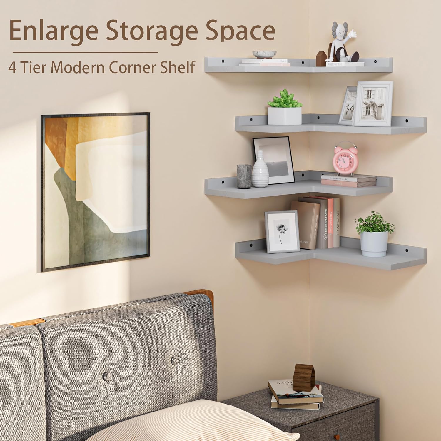 4 Tier Floating Corner Shelves Grey Set of 4