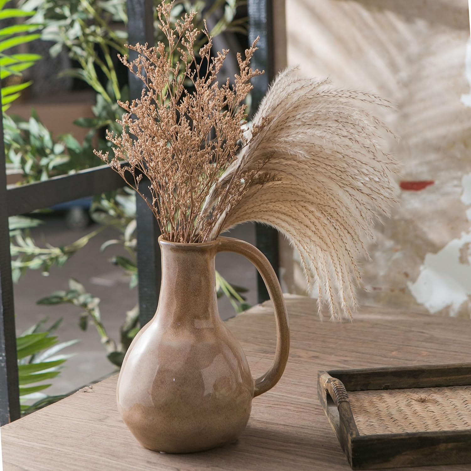 Brown Ceramic Vase with Big Handle for Farmhouse Decor